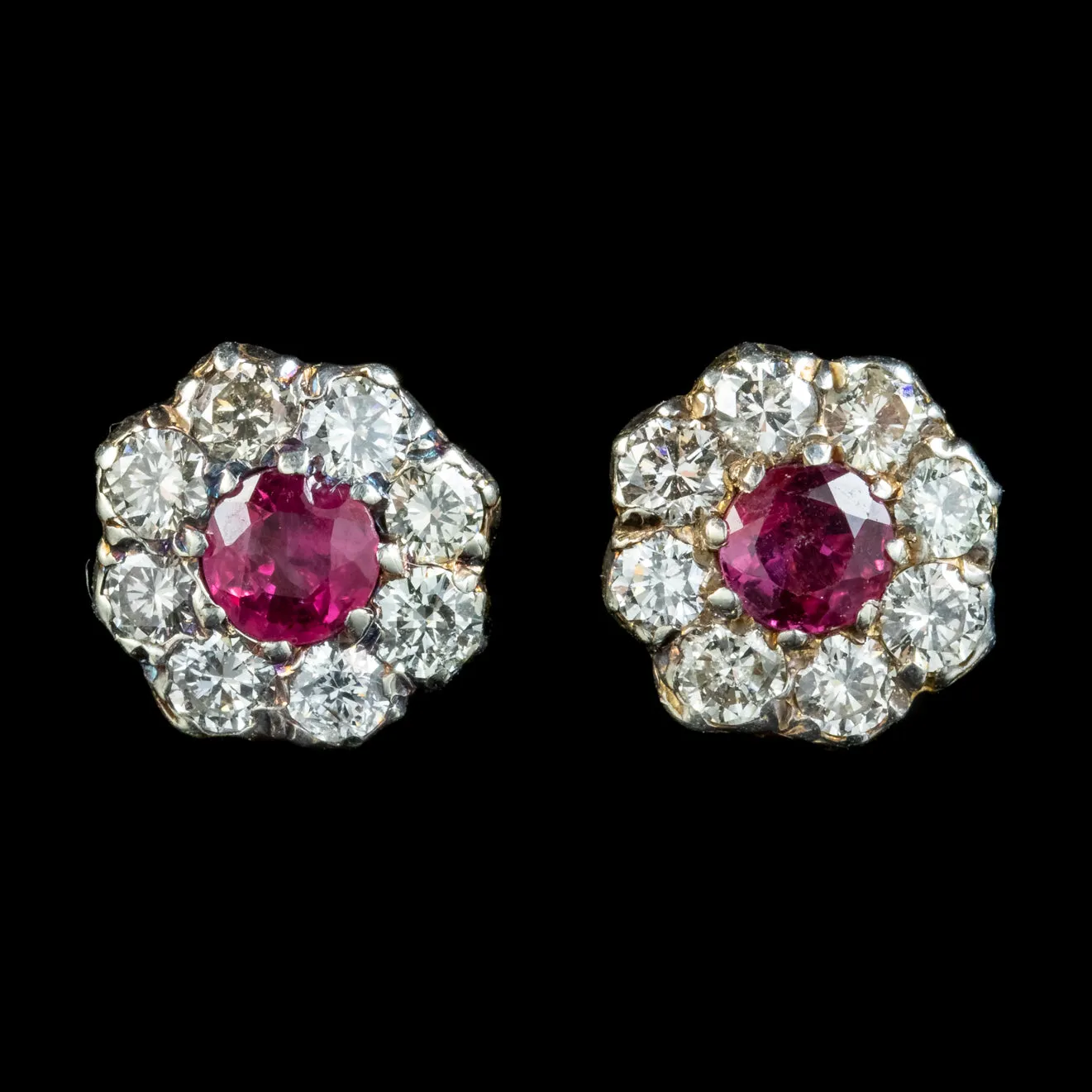 Edwardian Style Ruby Diamond Cluster Stud Earrings 0.50ct Of Ruby
