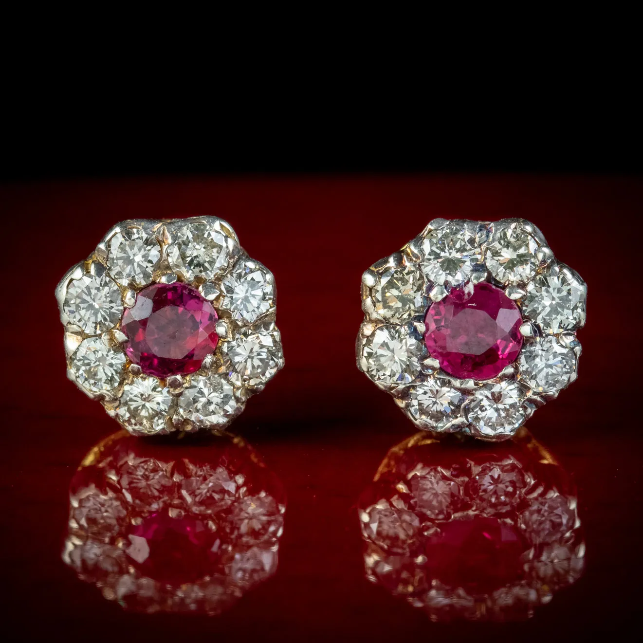 Edwardian Style Ruby Diamond Cluster Stud Earrings 0.50ct Of Ruby