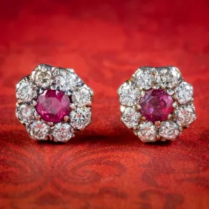 Edwardian Style Ruby Diamond Cluster Stud Earrings 0.50ct Of Ruby