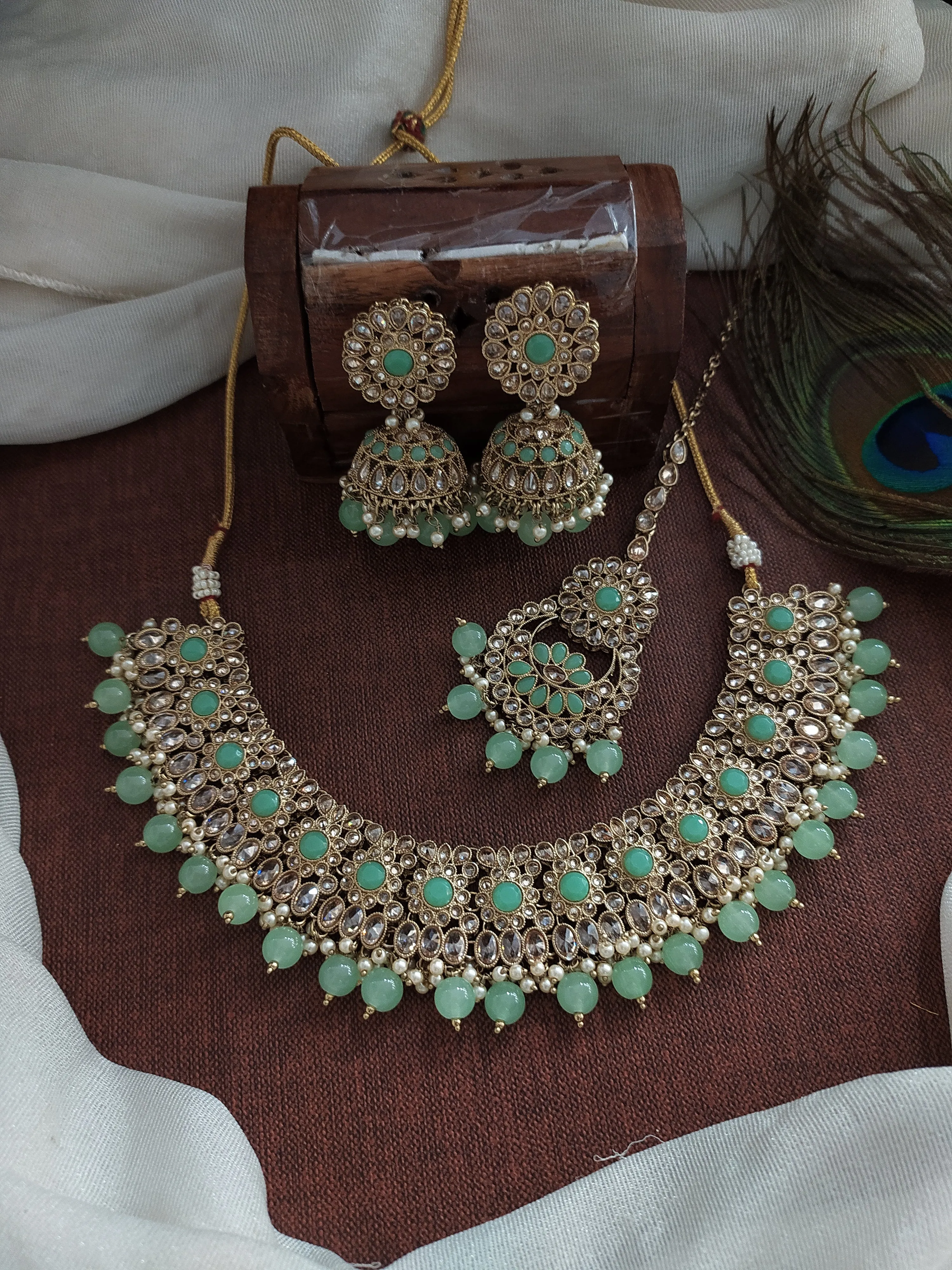 Elegant Mehandi Necklace Set with Beads and Pearl Drops