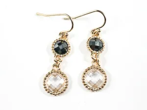 Elegant Round Shape Black & Clear CZ Gold Tone Fish Hook Brass Earrings