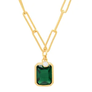 Emerald and CZ Bezel Charm Gold Link Necklace