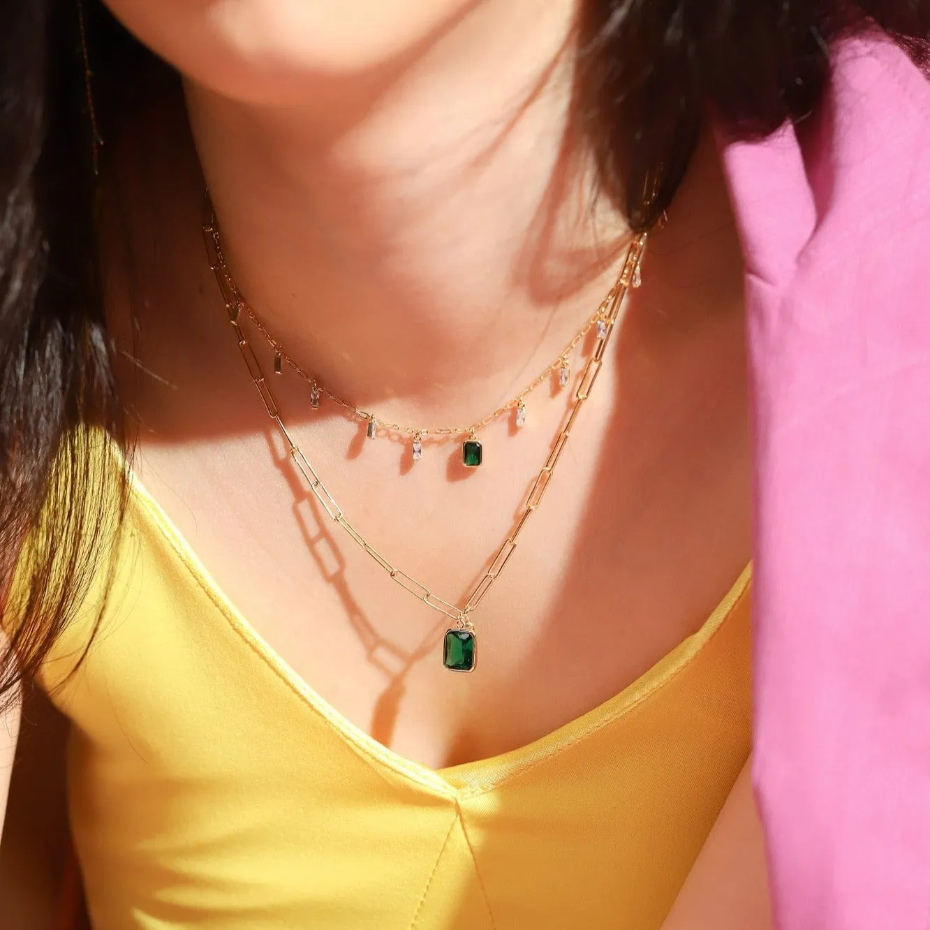 Emerald and CZ Bezel Charm Gold Link Necklace