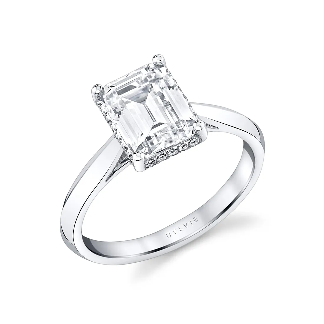 Emerald Cut Hidden Halo Solitaire Engagement Ring - Fae 18k Gold White