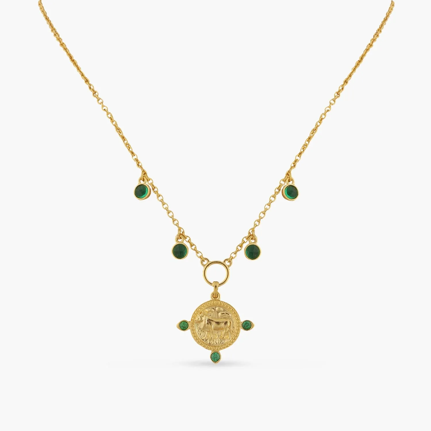 Emerald Taurus Zodiac Coin Gold Plated Silver Necklace