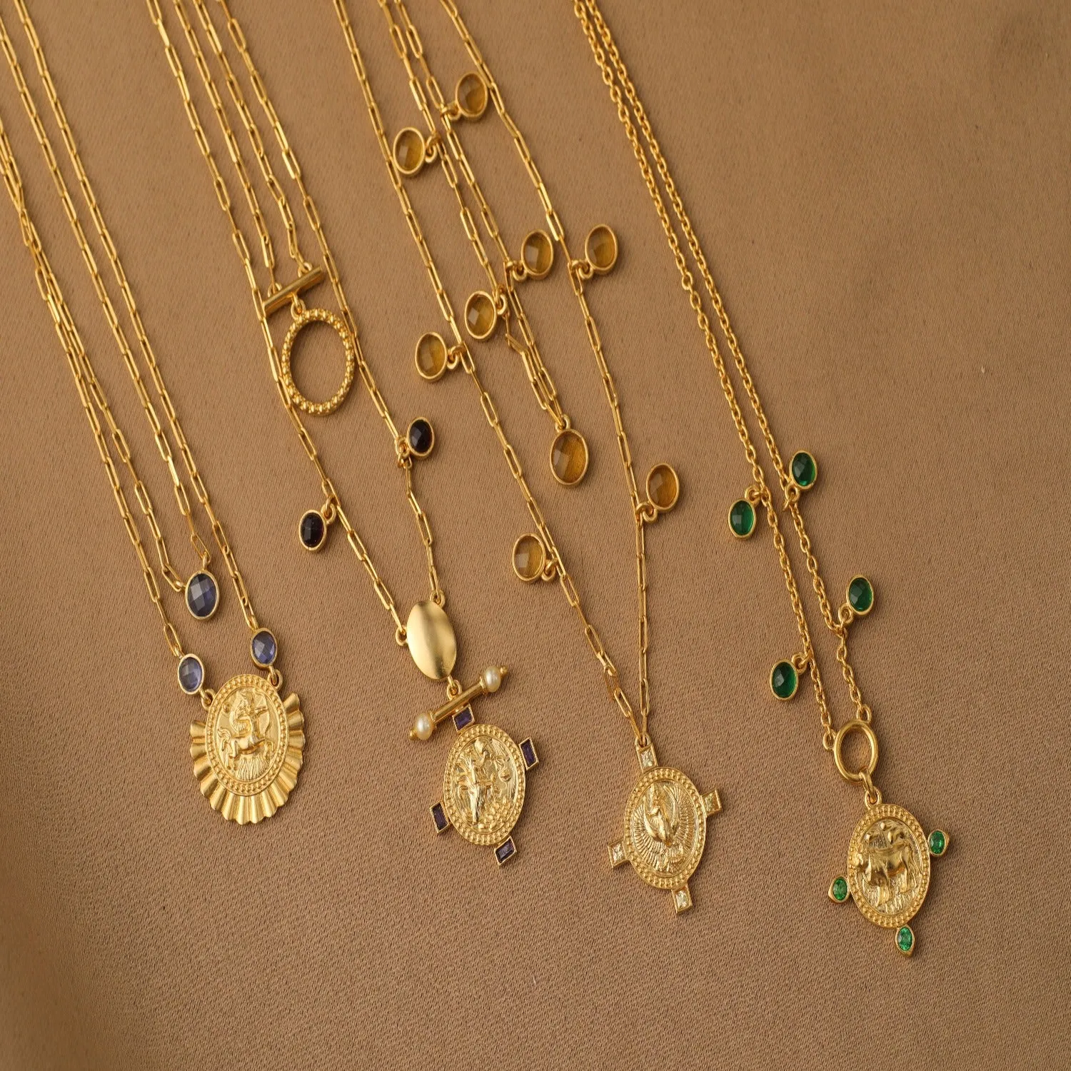 Emerald Taurus Zodiac Coin Gold Plated Silver Necklace