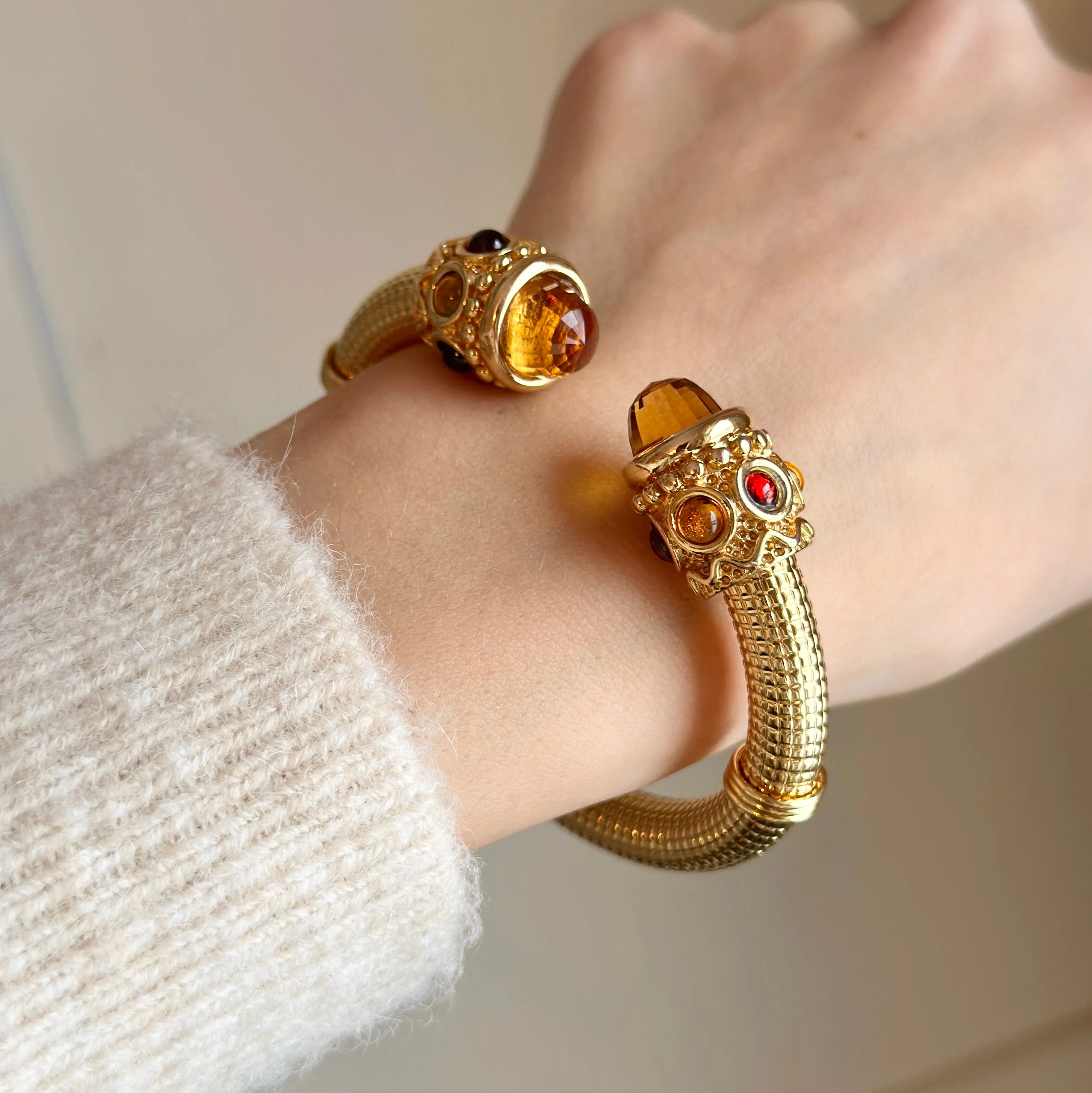 Estate 14KT Yellow Gold Artform Checkerboard Citrine   Garnet Cuff Bracelet