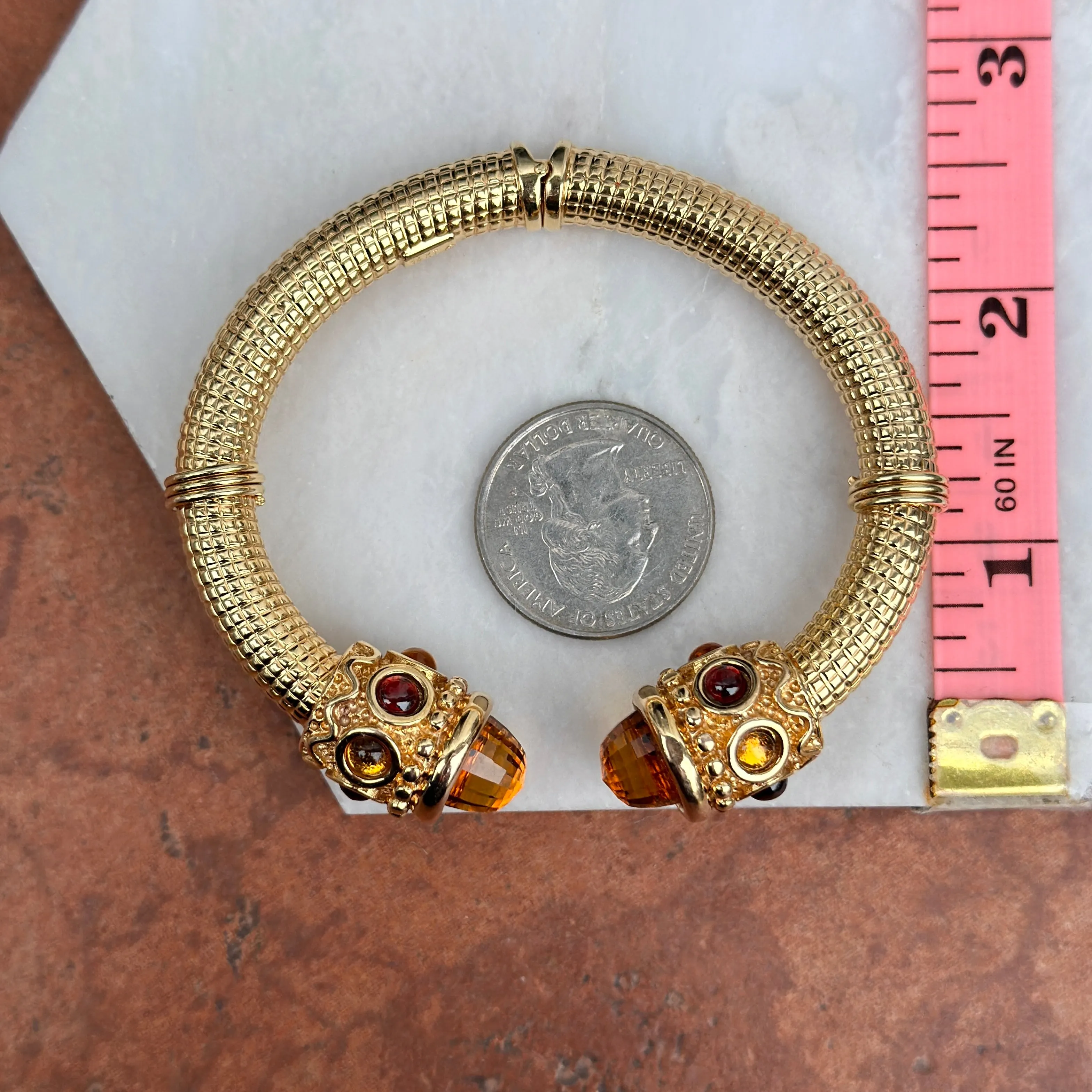 Estate 14KT Yellow Gold Artform Checkerboard Citrine   Garnet Cuff Bracelet