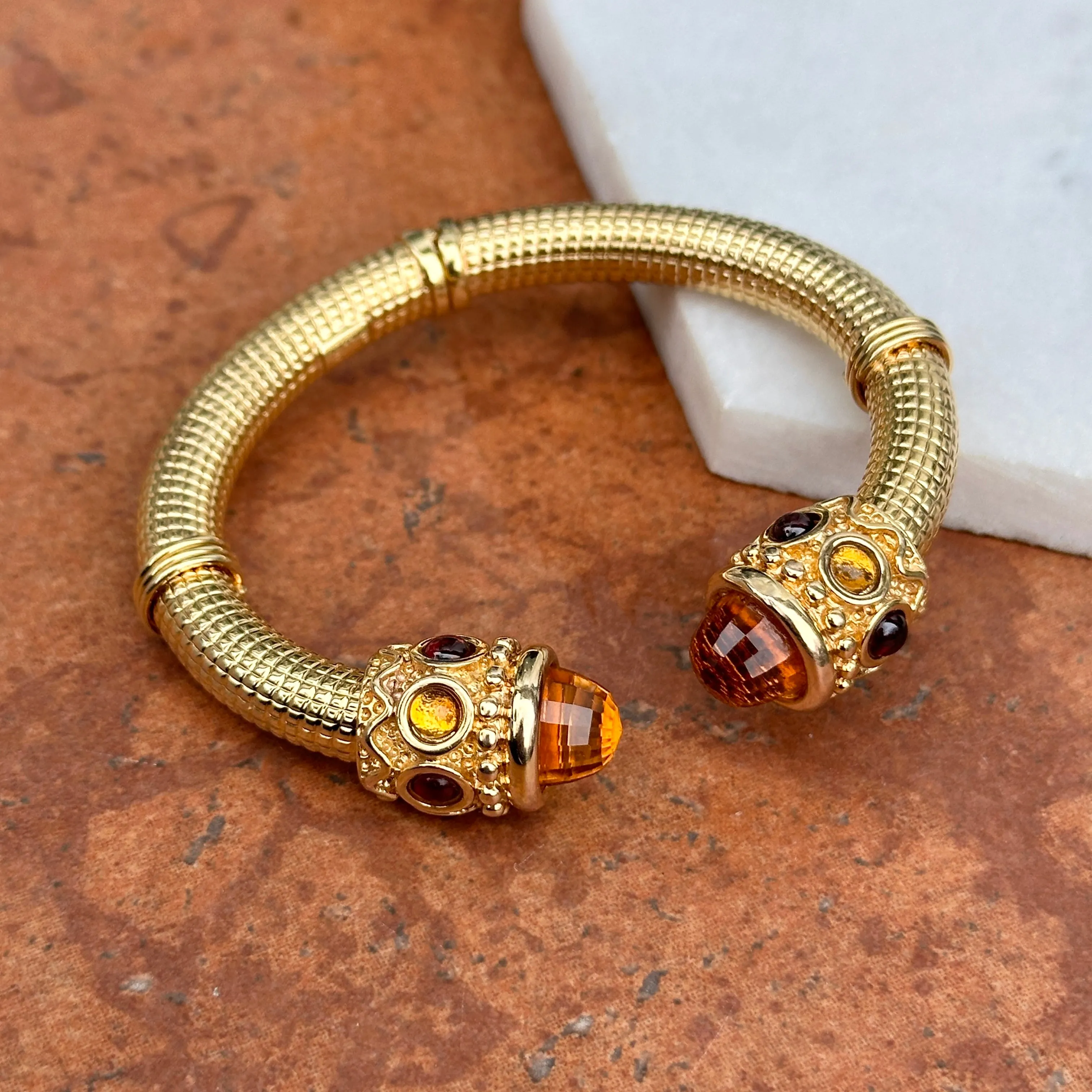 Estate 14KT Yellow Gold Artform Checkerboard Citrine   Garnet Cuff Bracelet