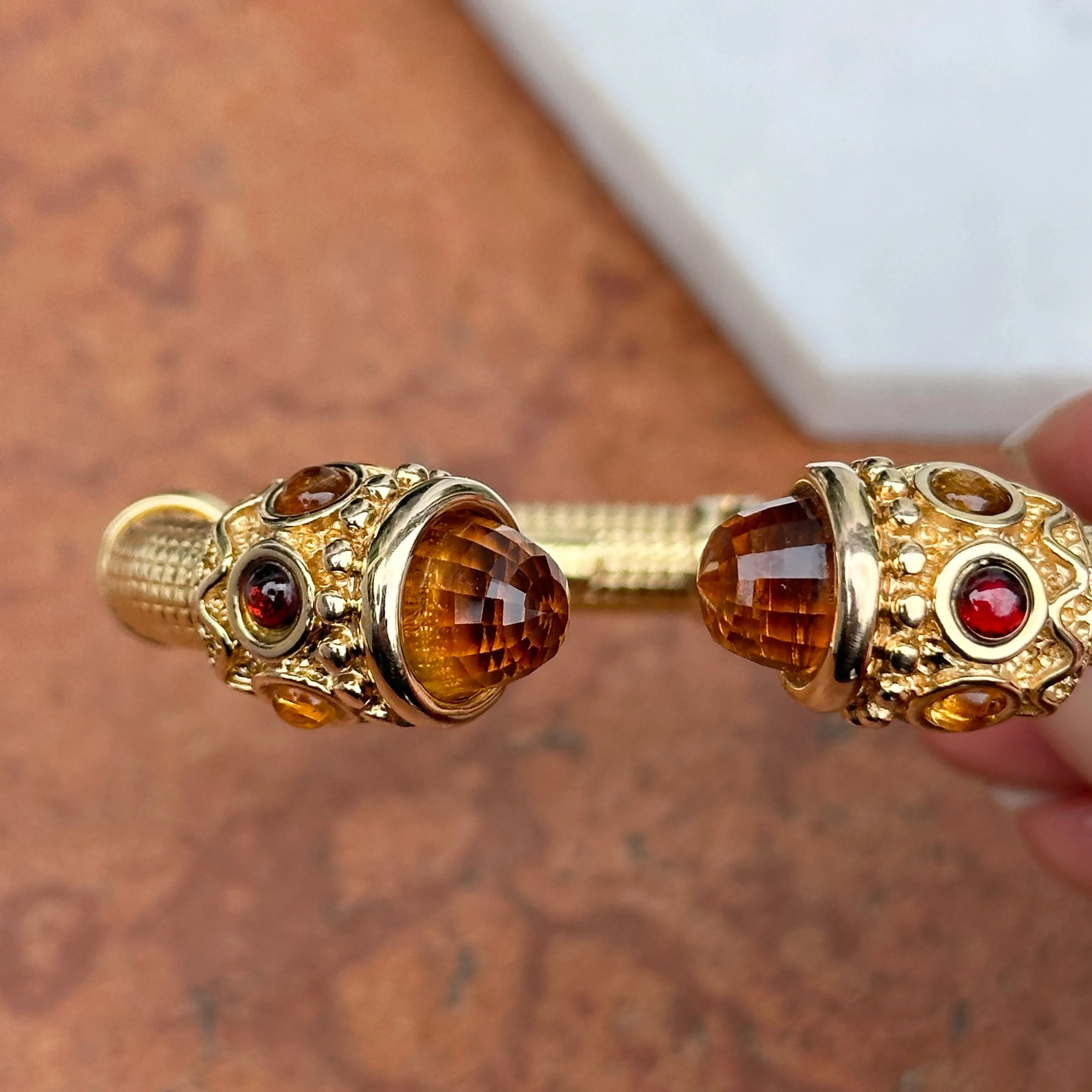 Estate 14KT Yellow Gold Artform Checkerboard Citrine   Garnet Cuff Bracelet