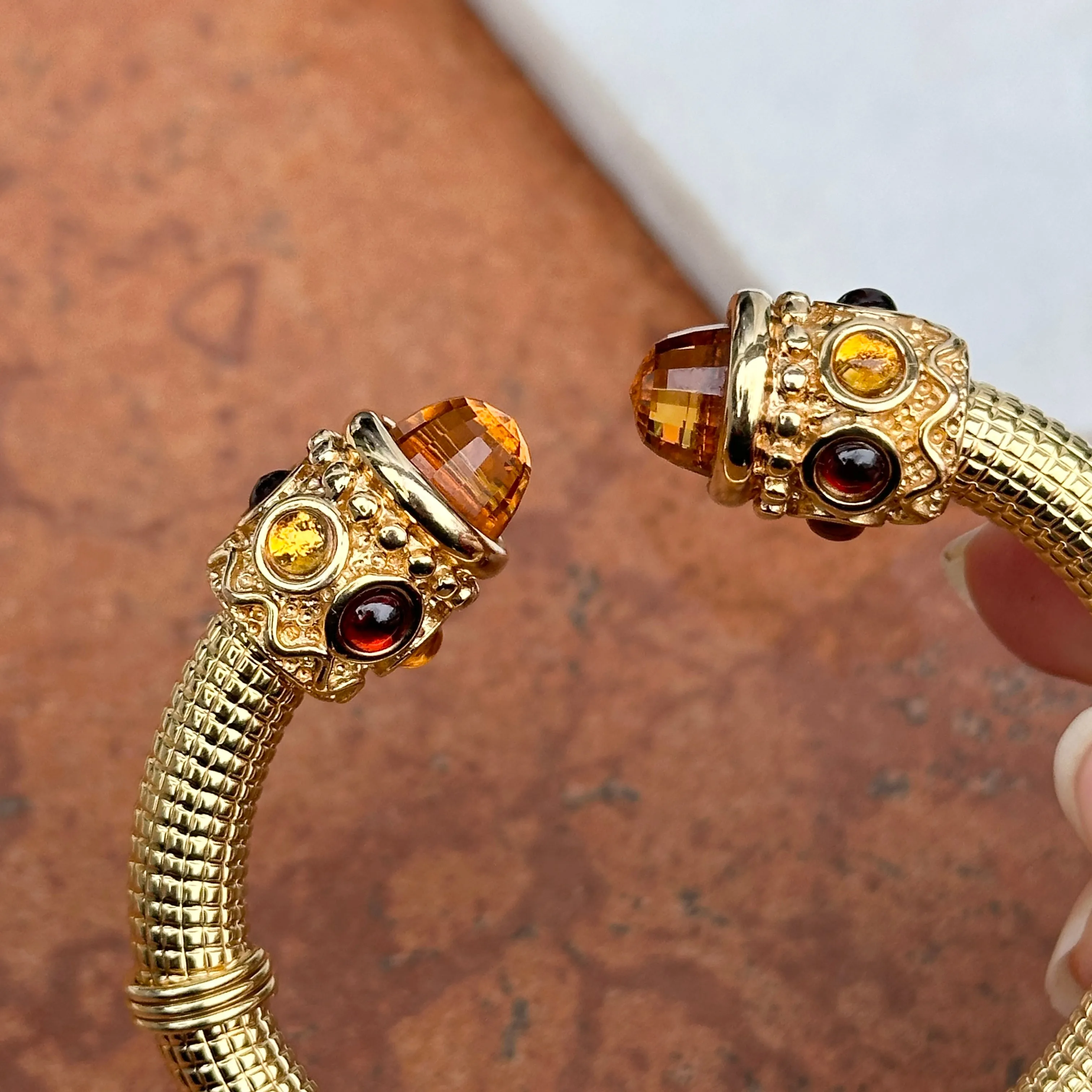 Estate 14KT Yellow Gold Artform Checkerboard Citrine   Garnet Cuff Bracelet
