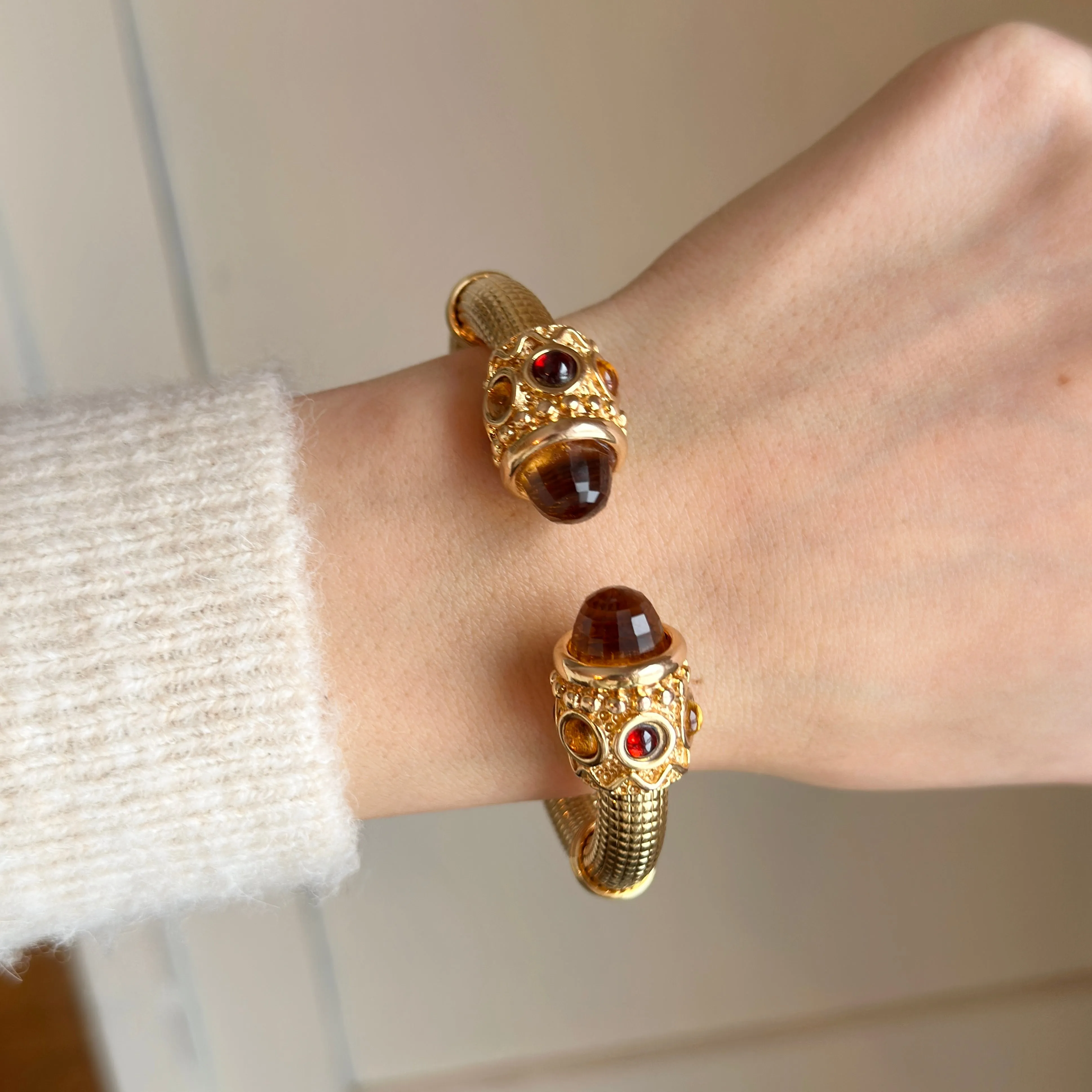 Estate 14KT Yellow Gold Artform Checkerboard Citrine   Garnet Cuff Bracelet