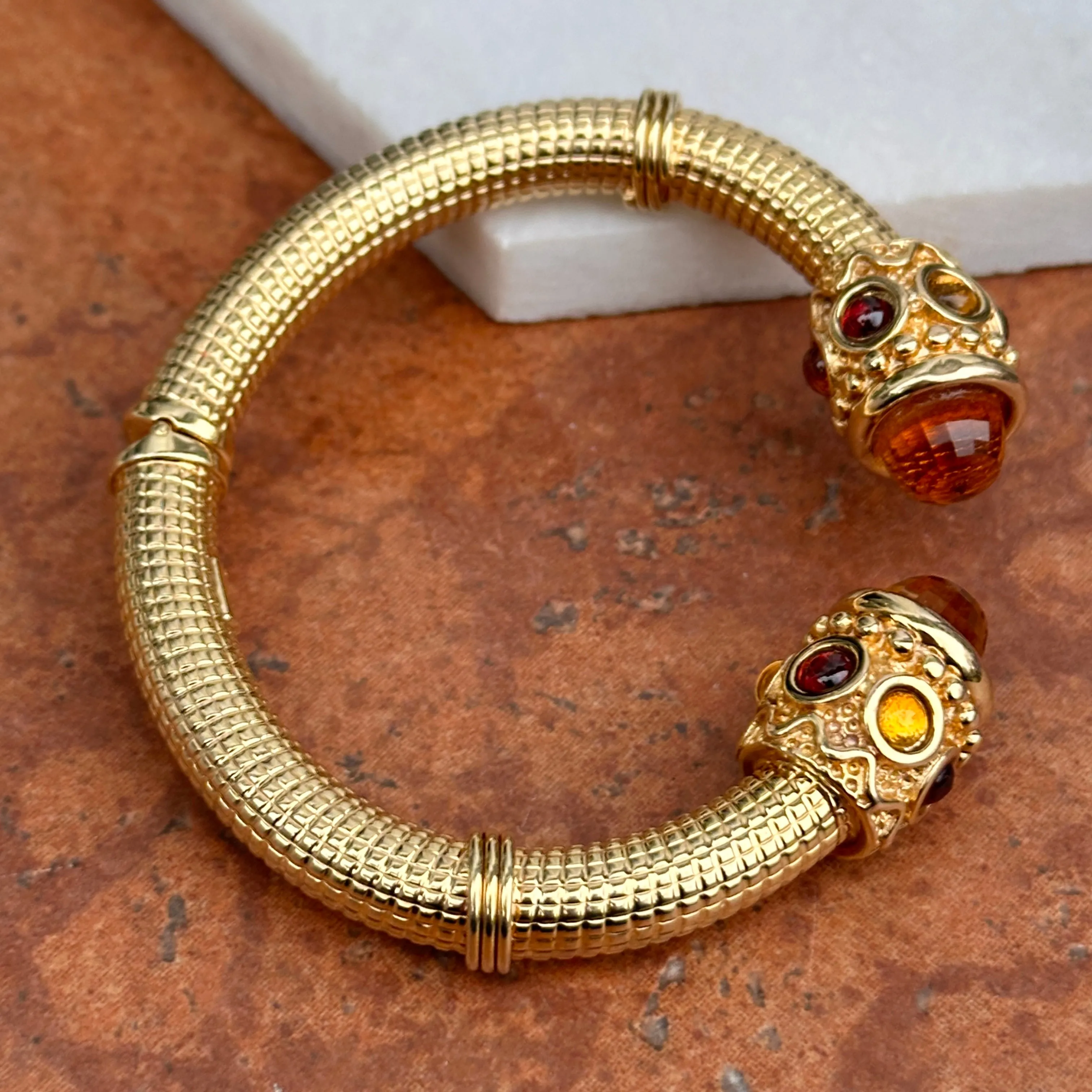 Estate 14KT Yellow Gold Artform Checkerboard Citrine   Garnet Cuff Bracelet
