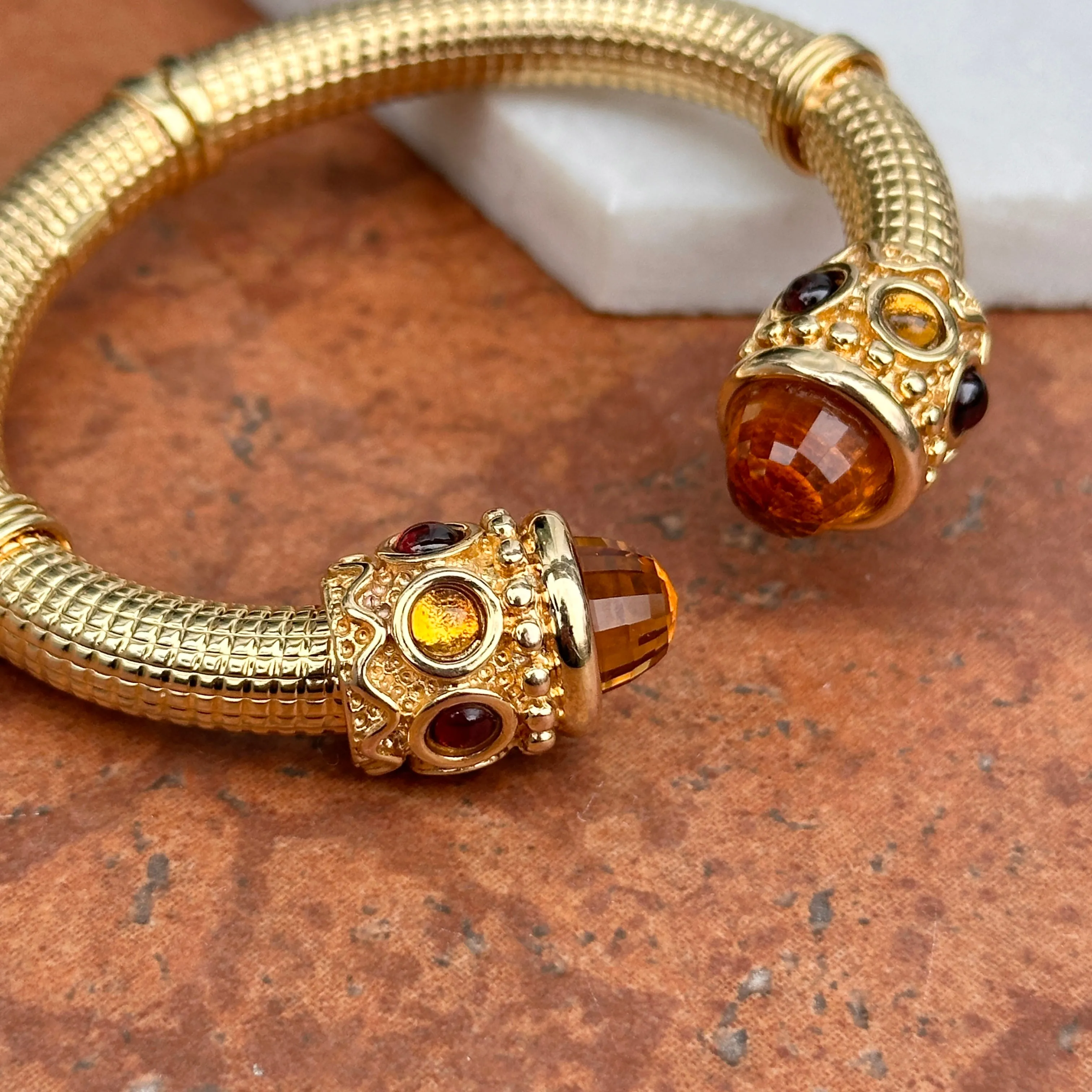 Estate 14KT Yellow Gold Artform Checkerboard Citrine   Garnet Cuff Bracelet