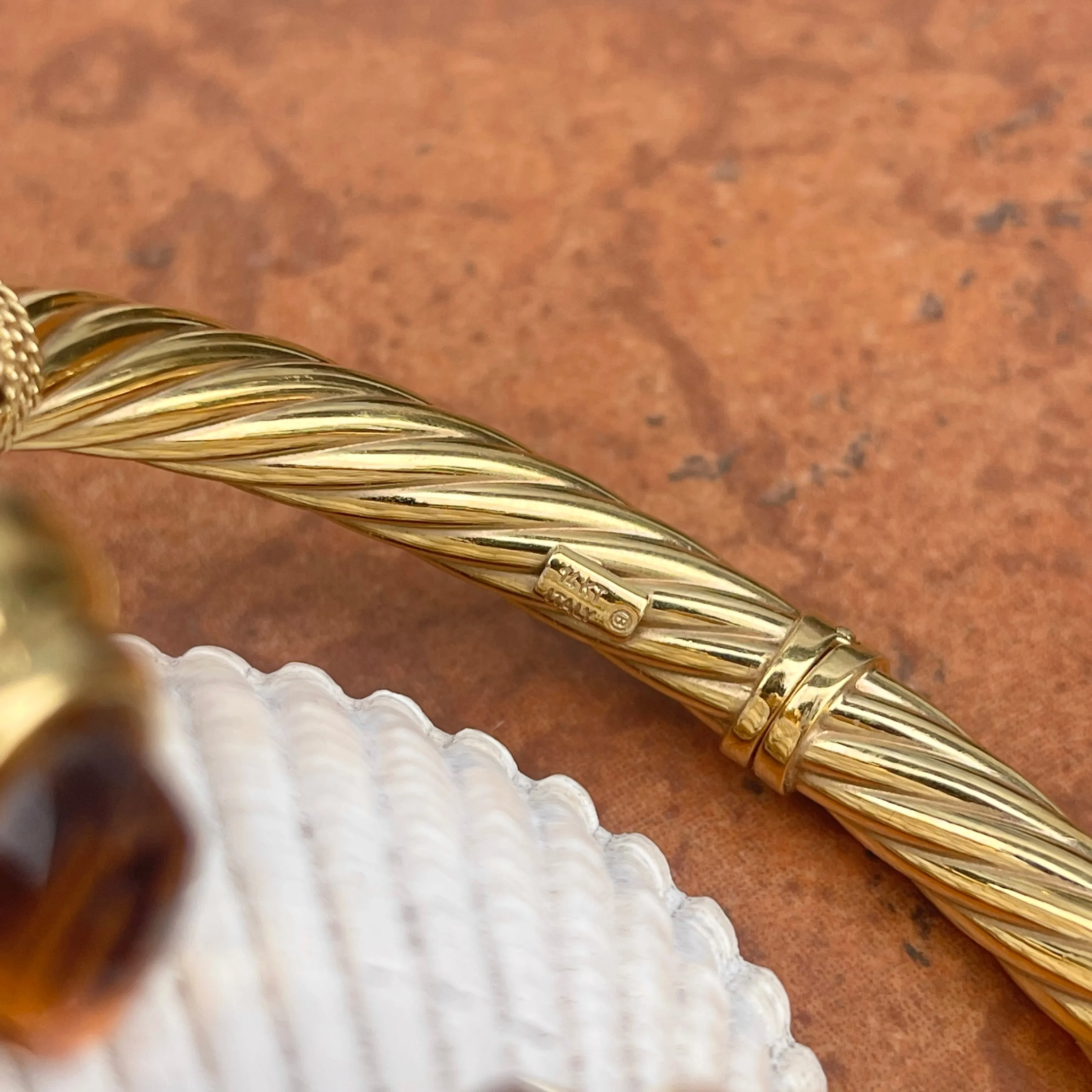 Estate 14KT Yellow Gold Checkerboad Citrine   Garnet Bangle Cuff Bracelet