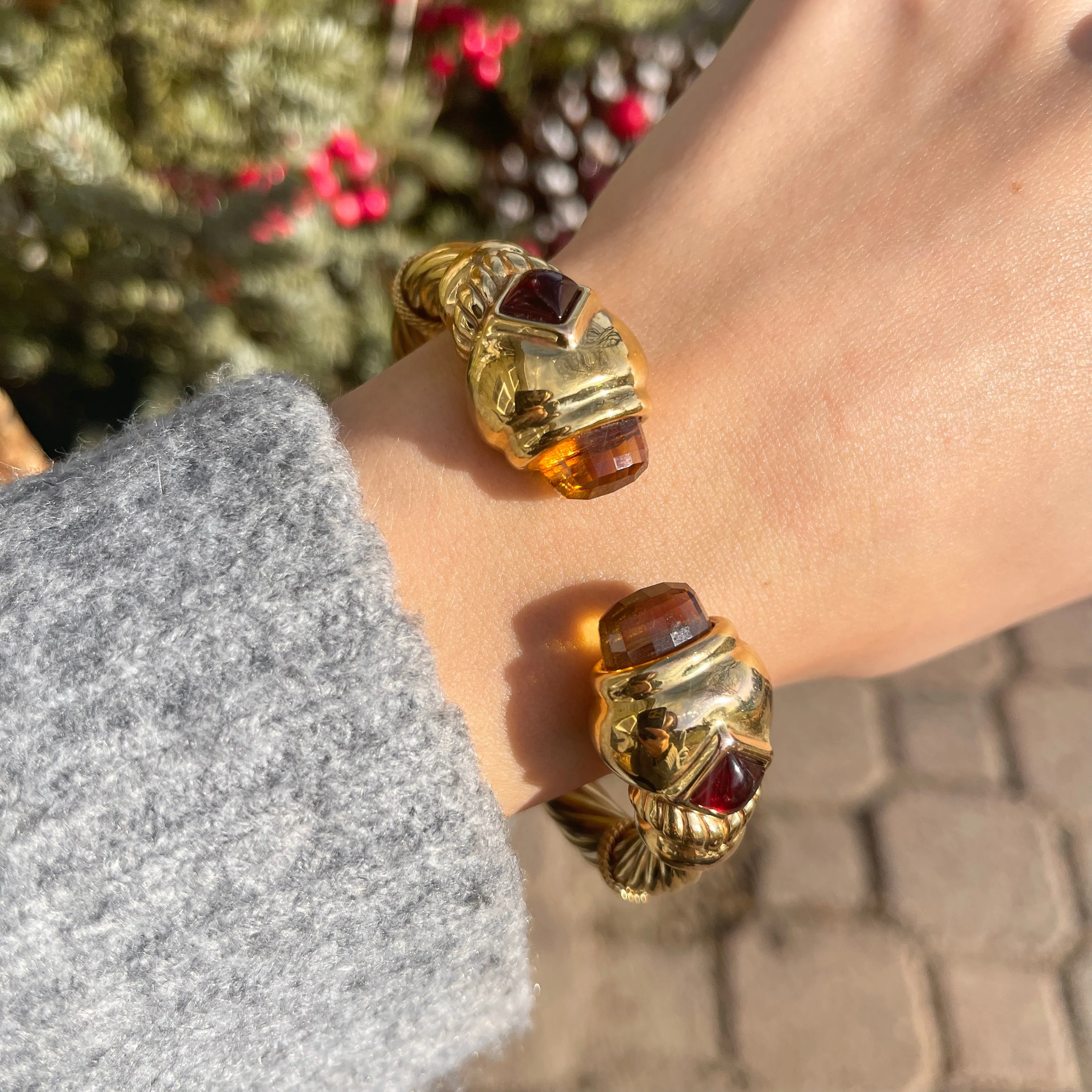 Estate 14KT Yellow Gold Checkerboad Citrine   Garnet Bangle Cuff Bracelet