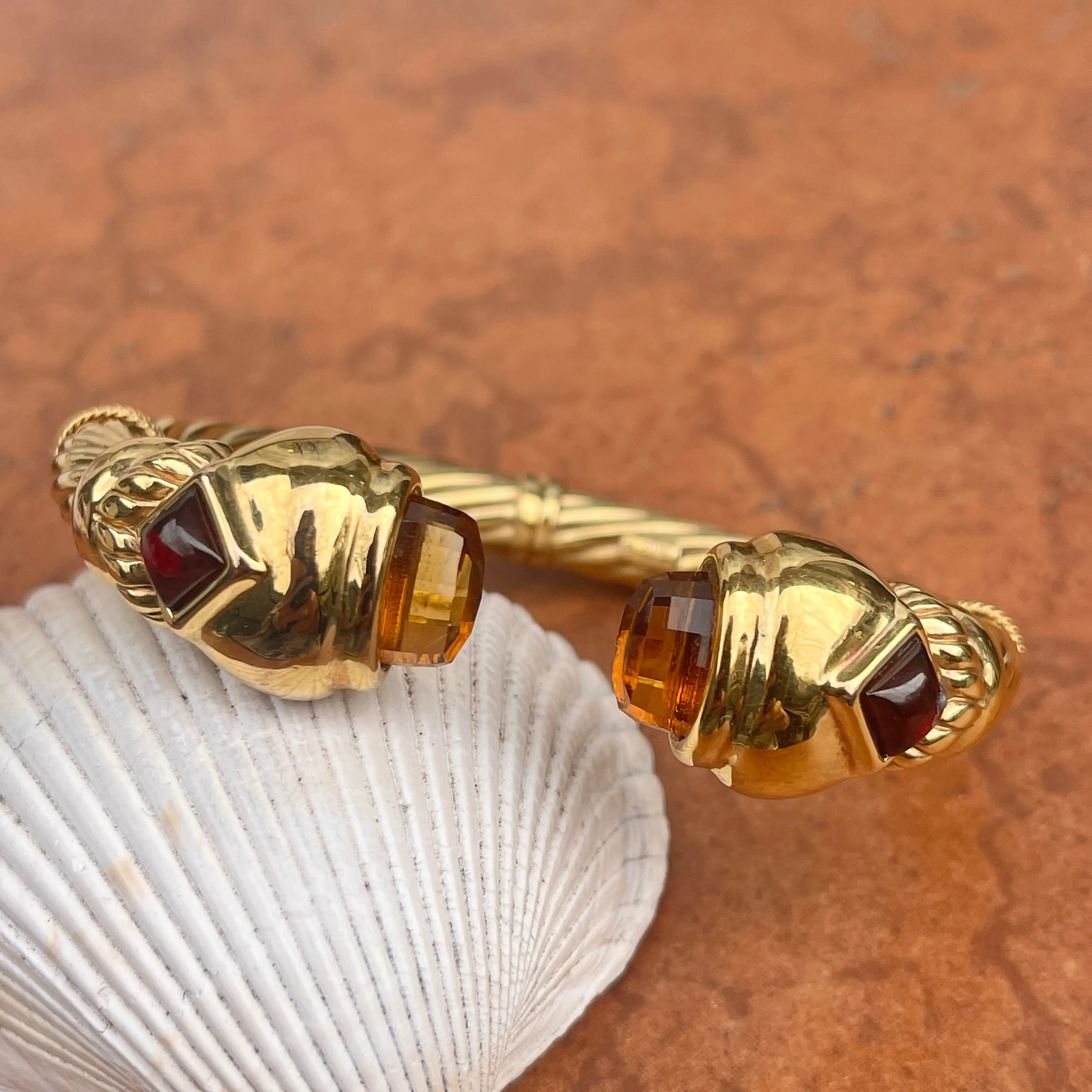 Estate 14KT Yellow Gold Checkerboad Citrine   Garnet Bangle Cuff Bracelet