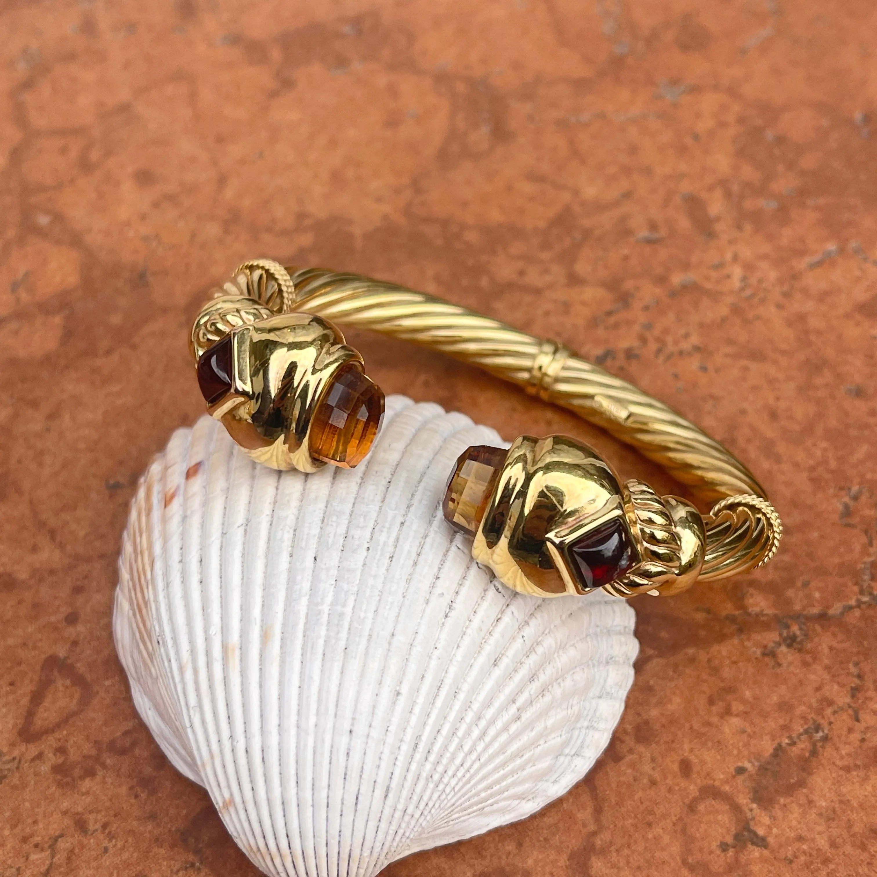 Estate 14KT Yellow Gold Checkerboad Citrine   Garnet Bangle Cuff Bracelet