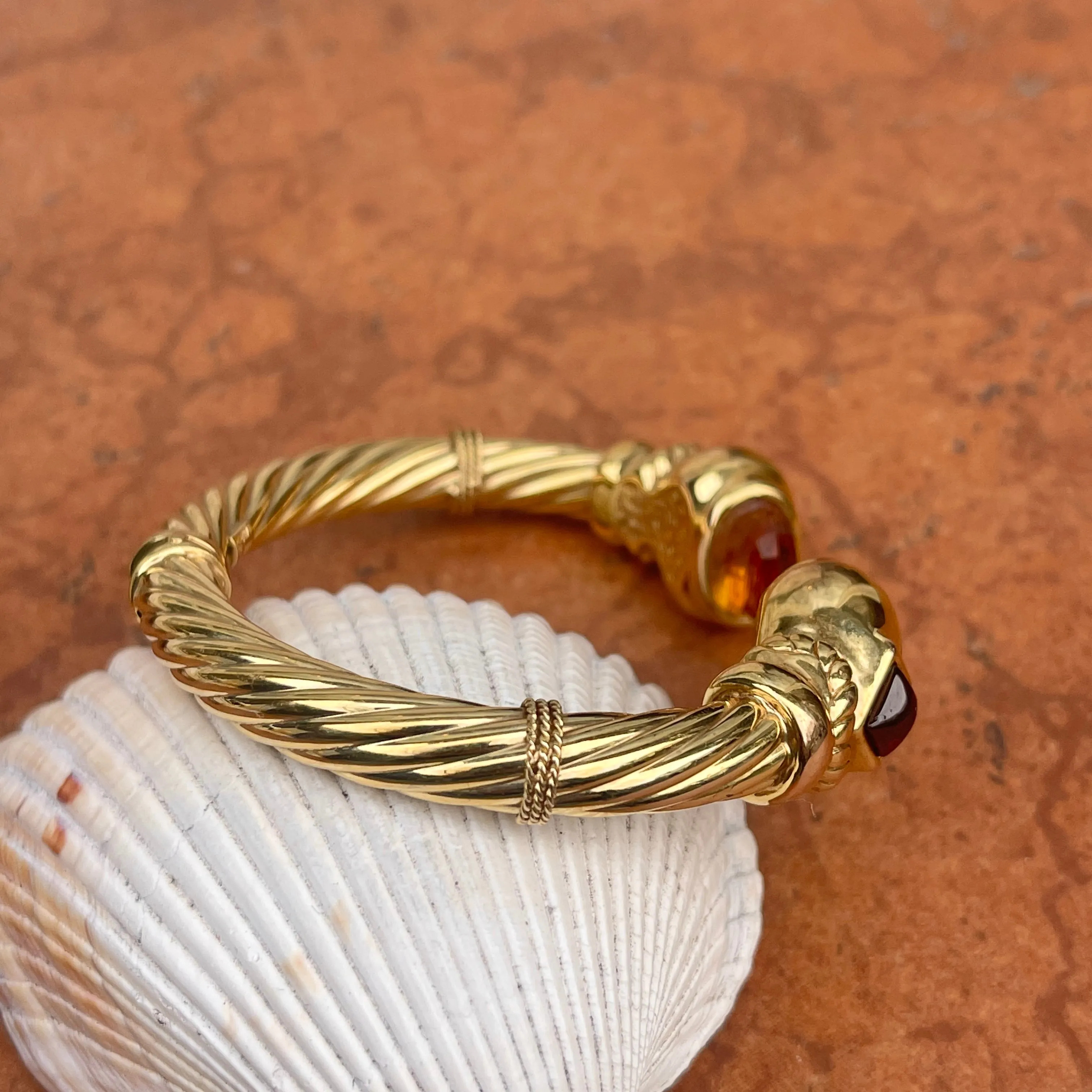 Estate 14KT Yellow Gold Checkerboad Citrine   Garnet Bangle Cuff Bracelet