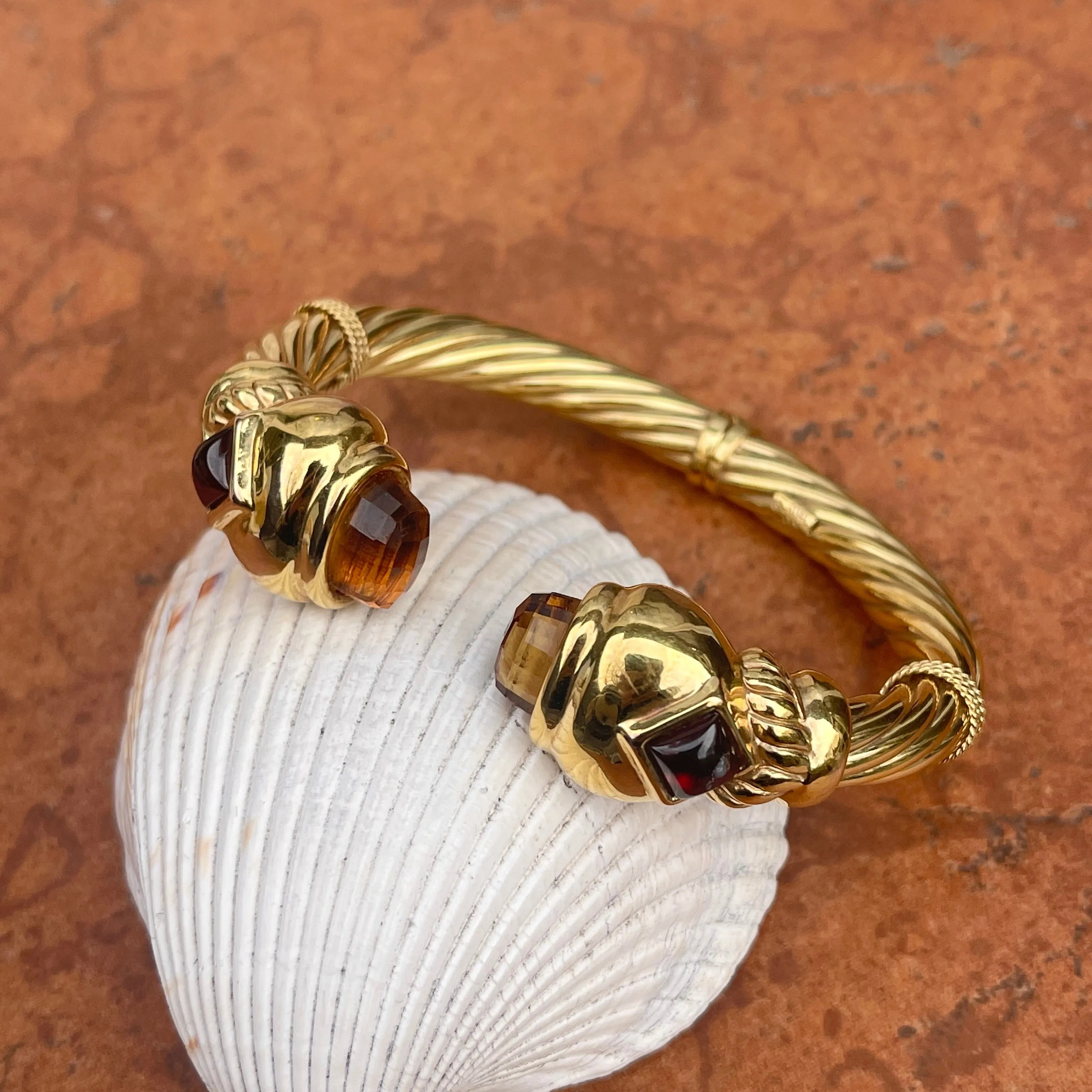 Estate 14KT Yellow Gold Checkerboad Citrine   Garnet Bangle Cuff Bracelet