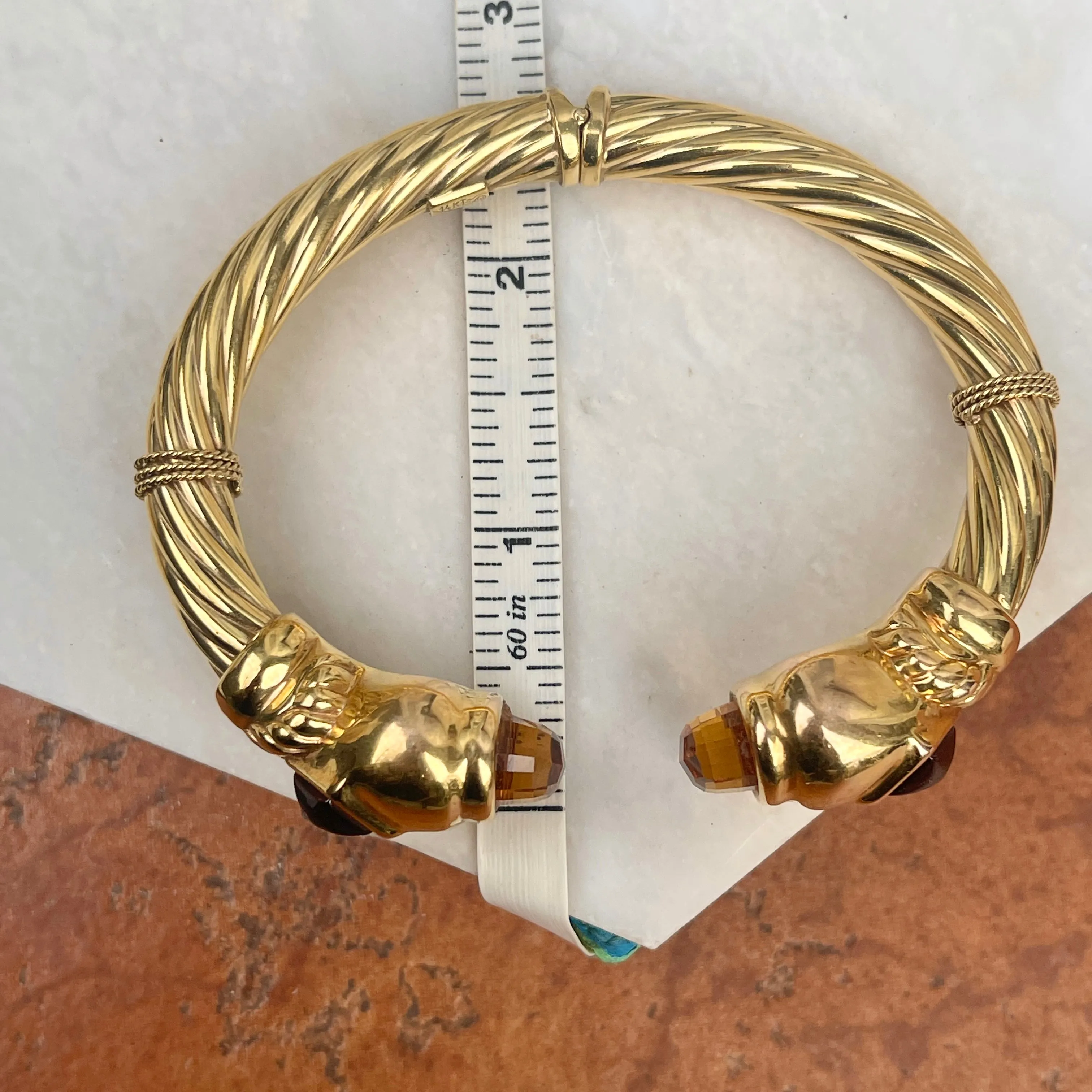 Estate 14KT Yellow Gold Checkerboad Citrine   Garnet Bangle Cuff Bracelet