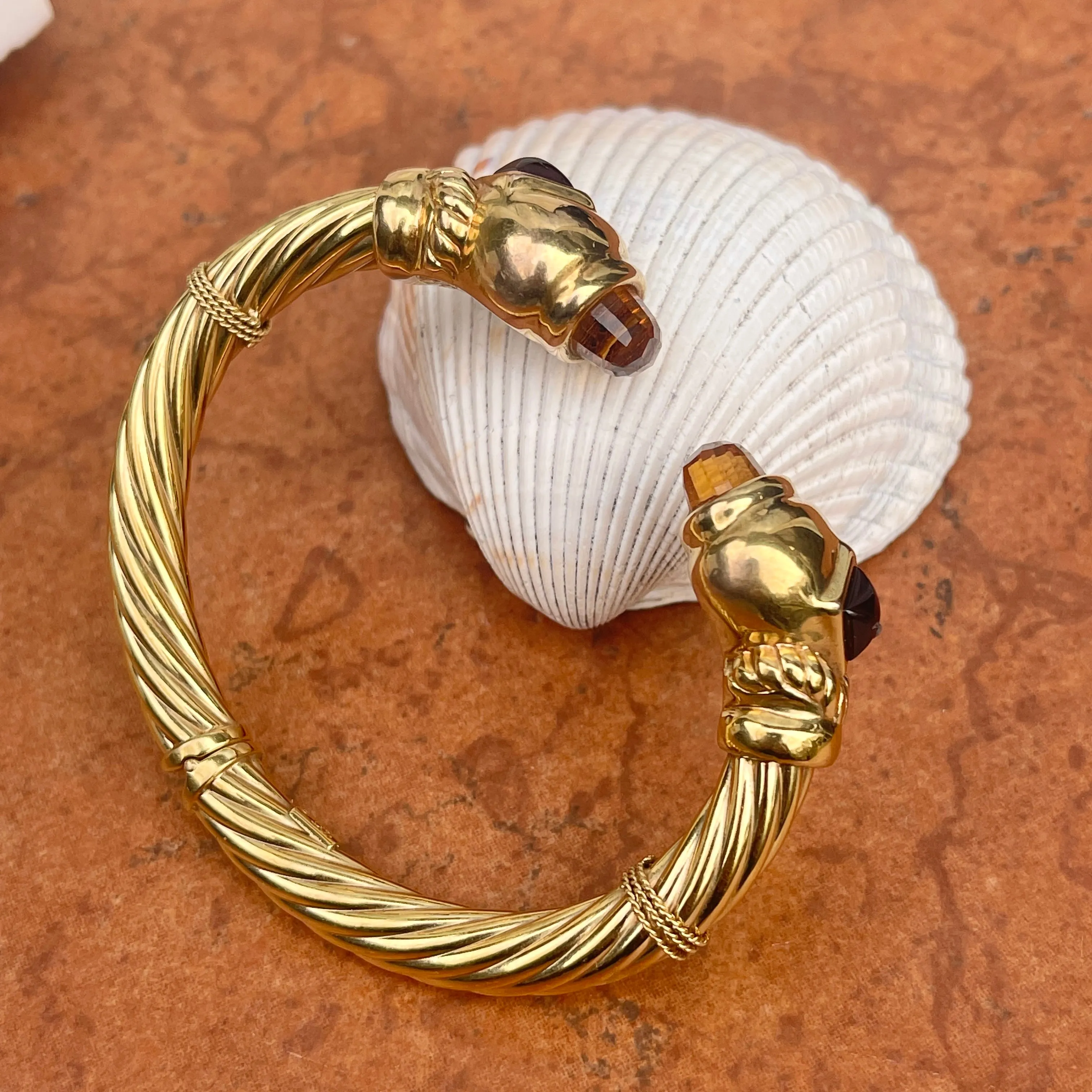 Estate 14KT Yellow Gold Checkerboad Citrine   Garnet Bangle Cuff Bracelet