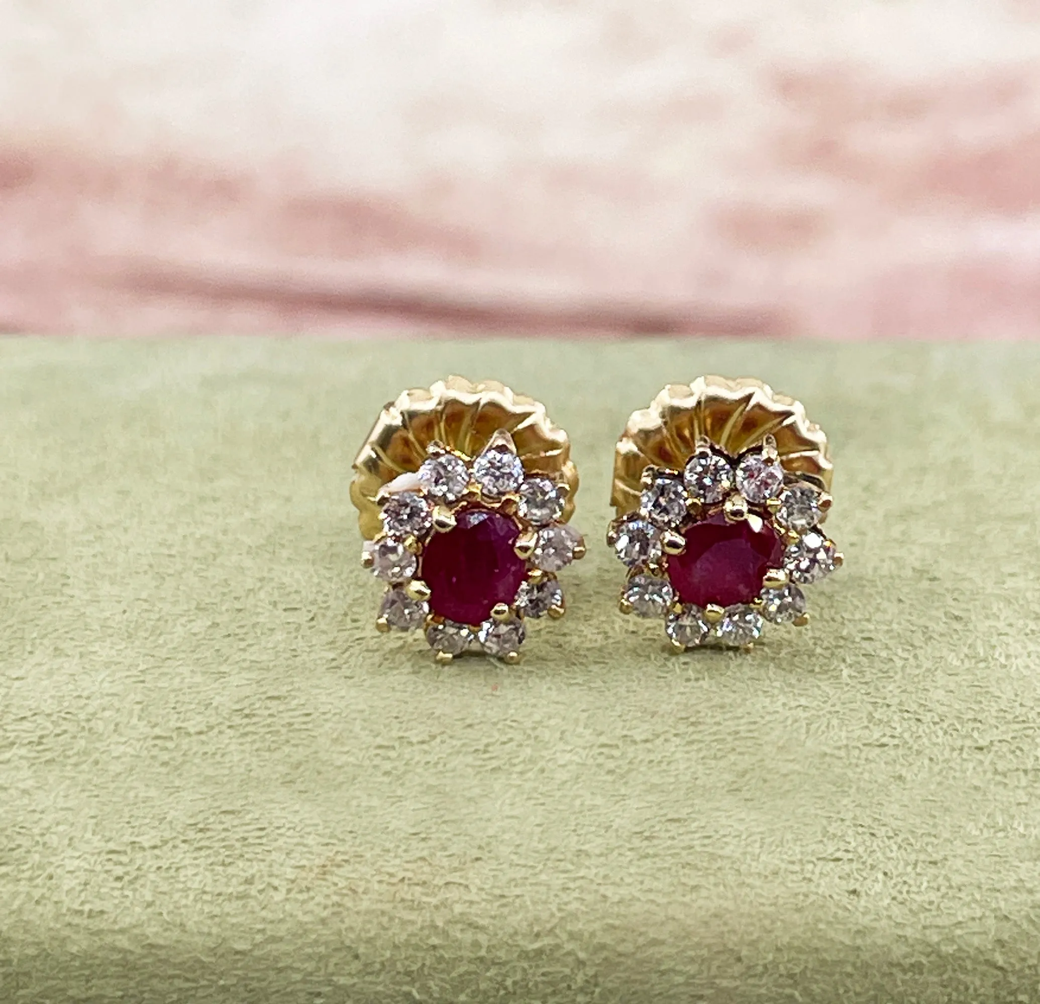Estate Vintage 1.50ctw Oval Red RUBY & Diamonds 14K/18KYellow Gold Cluster Stud Post Earrings Ear Pendants