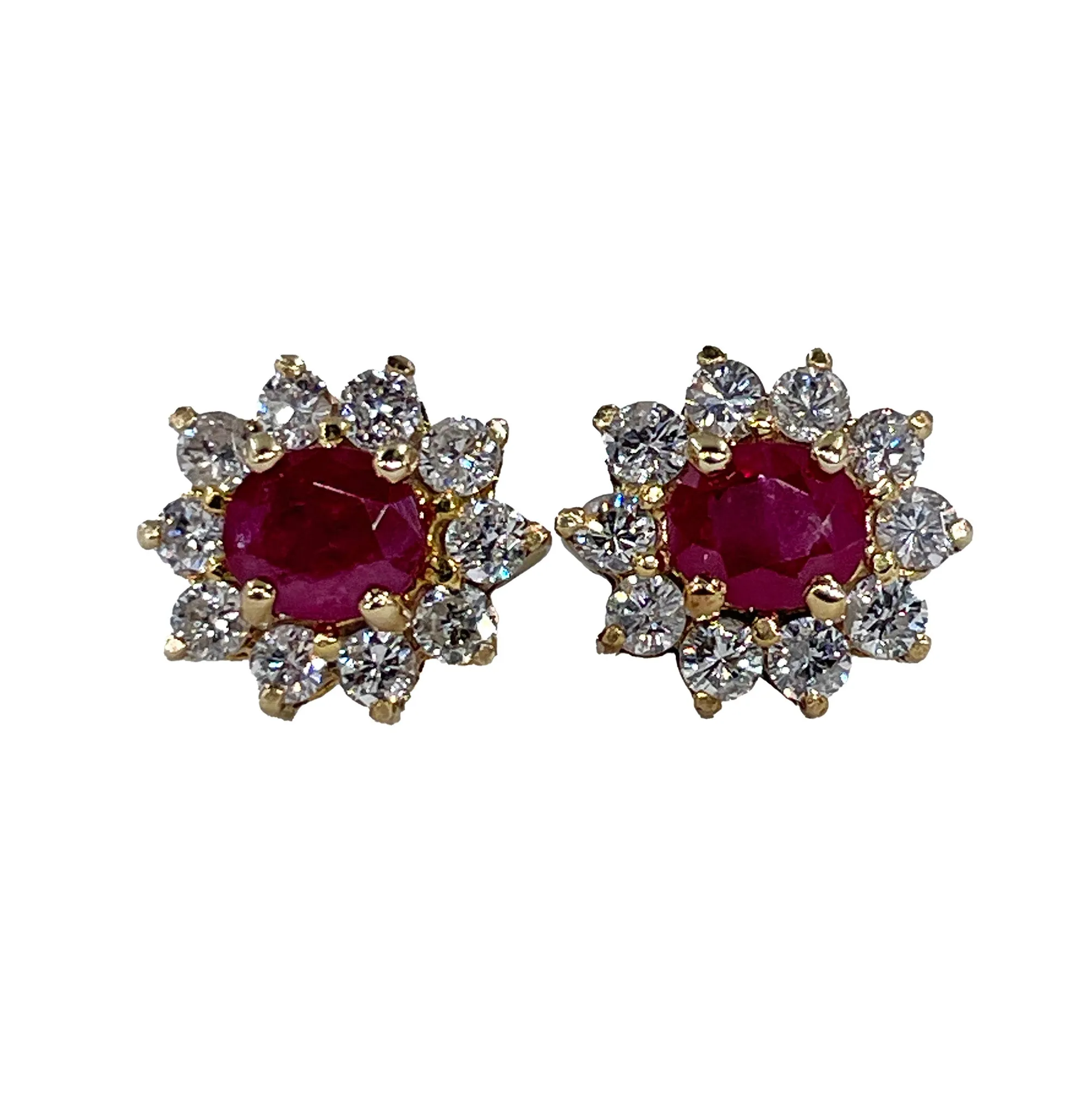 Estate Vintage 1.50ctw Oval Red RUBY & Diamonds 14K/18KYellow Gold Cluster Stud Post Earrings Ear Pendants