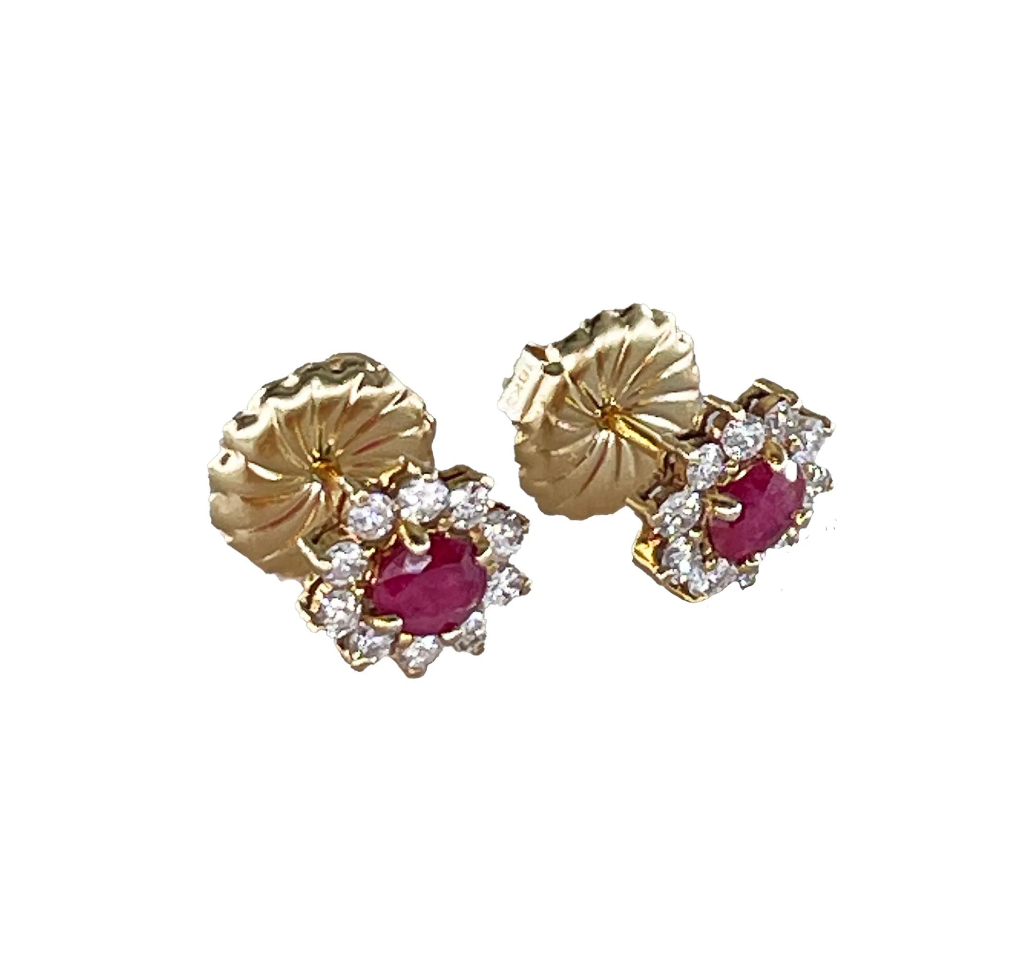 Estate Vintage 1.50ctw Oval Red RUBY & Diamonds 14K/18KYellow Gold Cluster Stud Post Earrings Ear Pendants