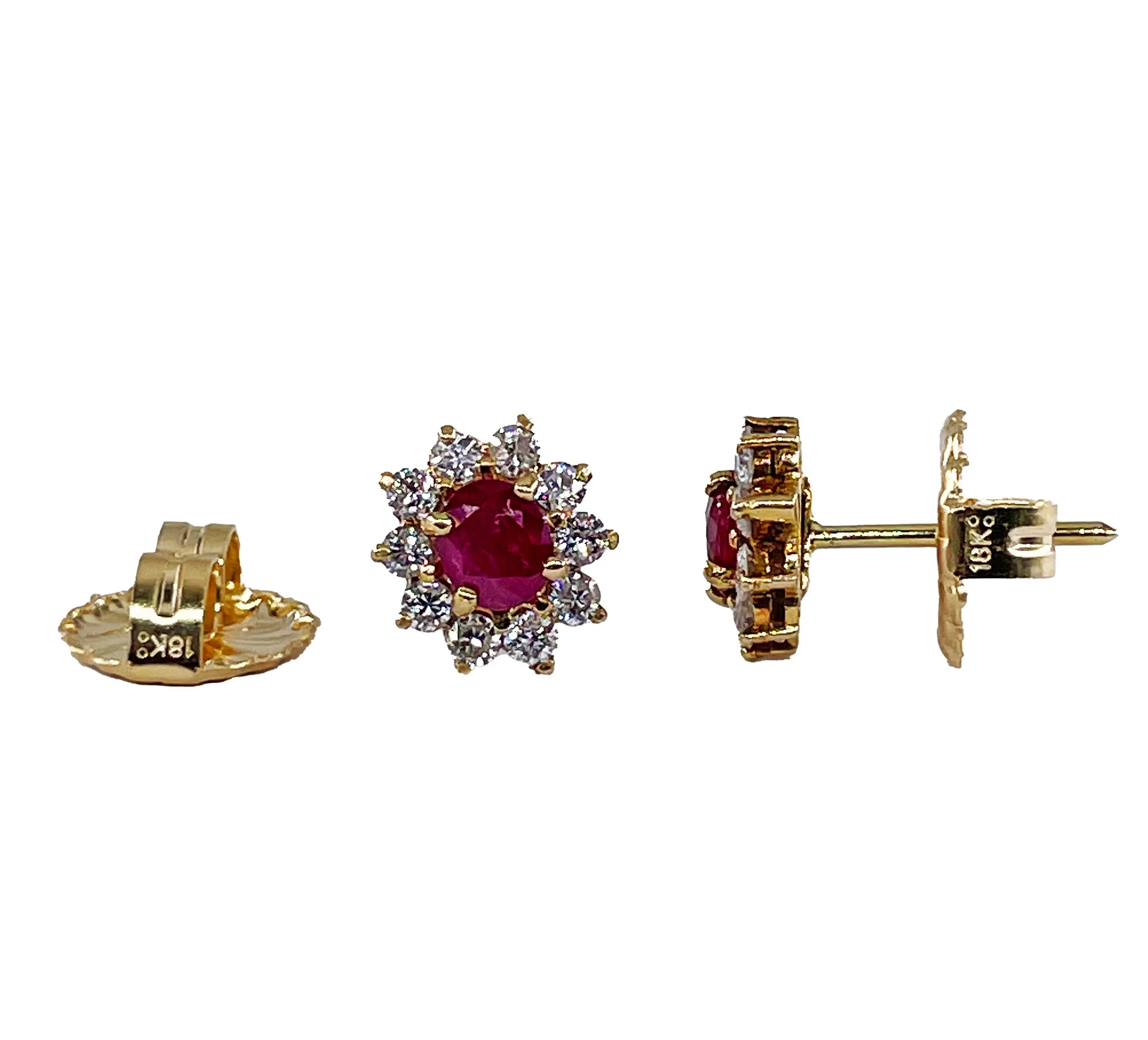 Estate Vintage 1.50ctw Oval Red RUBY & Diamonds 14K/18KYellow Gold Cluster Stud Post Earrings Ear Pendants