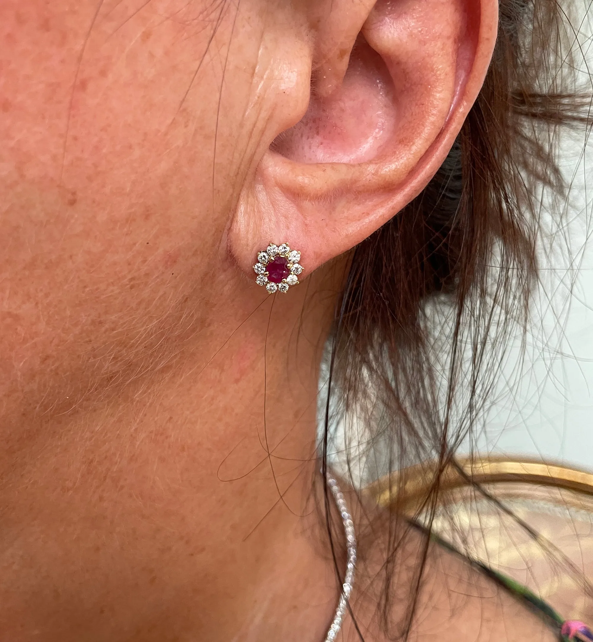 Estate Vintage 1.50ctw Oval Red RUBY & Diamonds 14K/18KYellow Gold Cluster Stud Post Earrings Ear Pendants