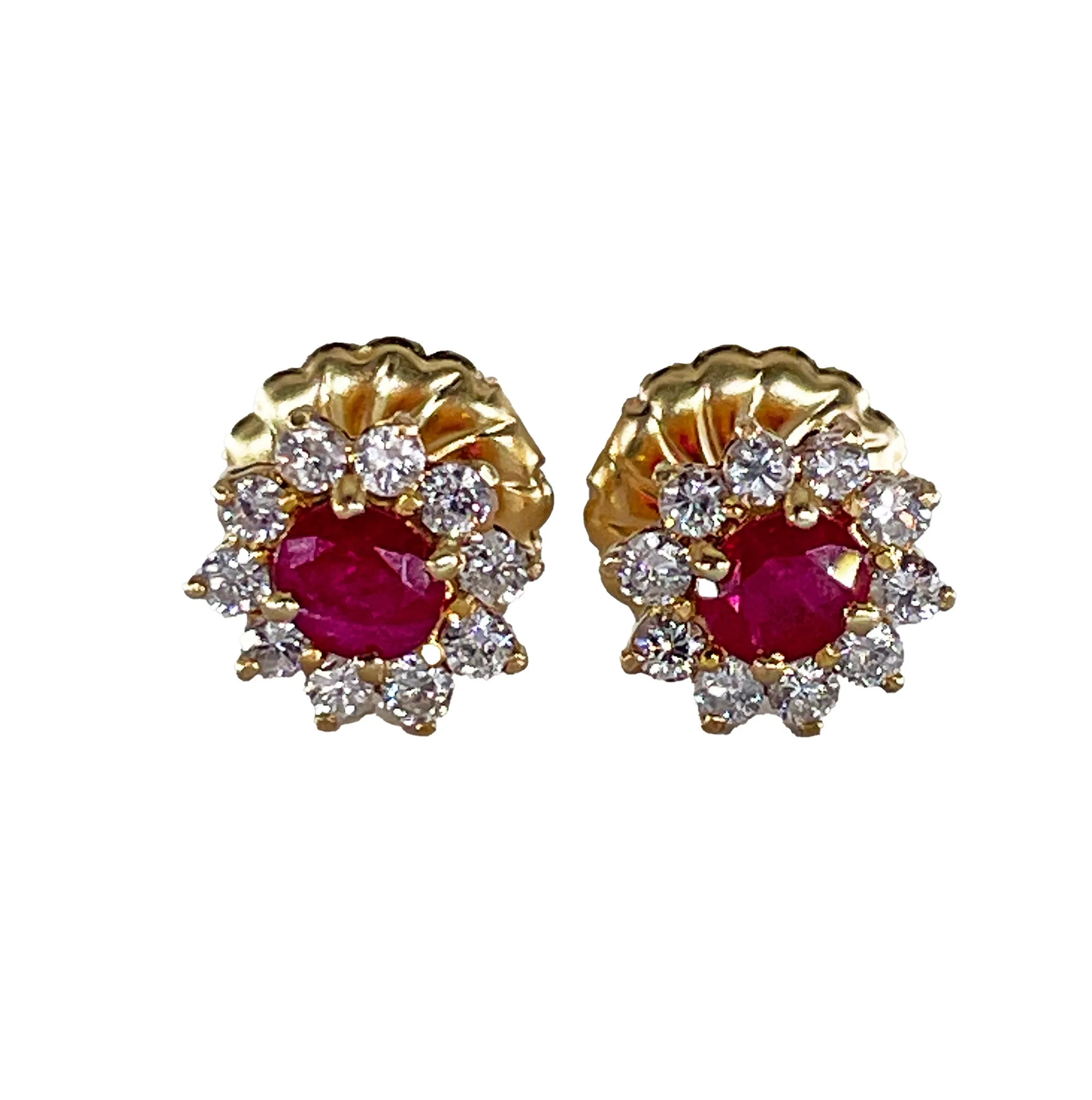 Estate Vintage 1.50ctw Oval Red RUBY & Diamonds 14K/18KYellow Gold Cluster Stud Post Earrings Ear Pendants