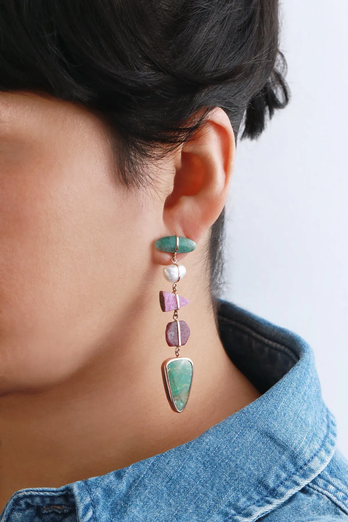 Five Drop Pearl, Ruby, Cobalto Calcite, and Chrysocolla Earrings