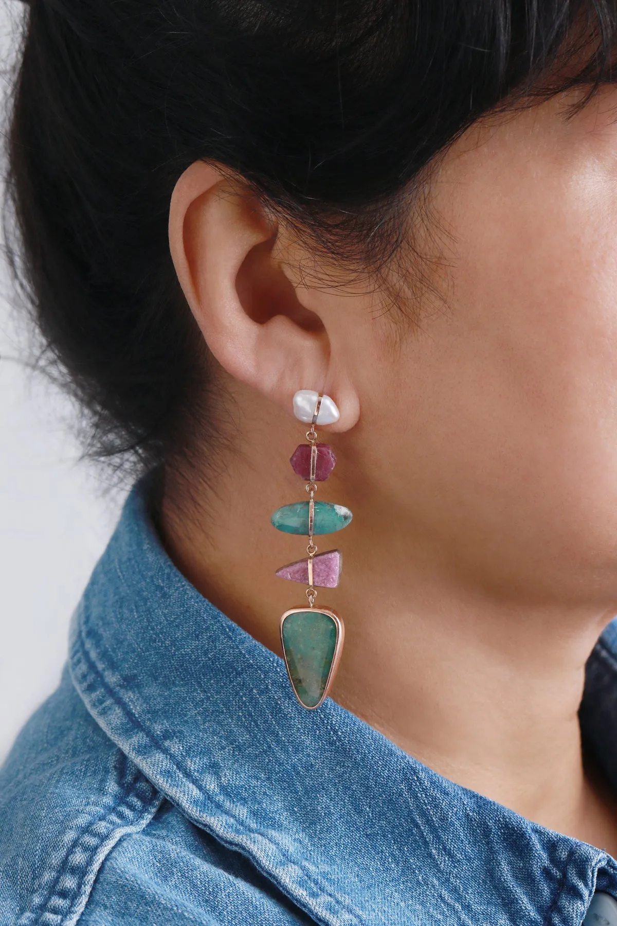 Five Drop Pearl, Ruby, Cobalto Calcite, and Chrysocolla Earrings