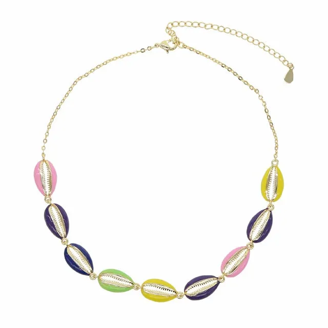 Gold filled neon enamel rainbow colored sea shell choker necklace