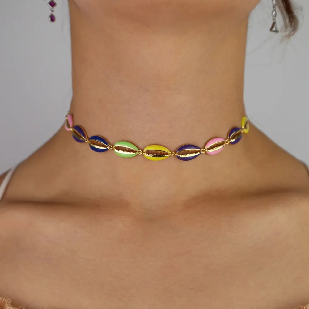 Gold filled neon enamel rainbow colored sea shell choker necklace