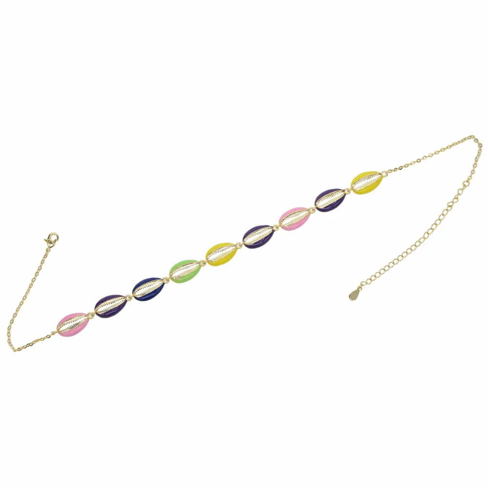 Gold filled neon enamel rainbow colored sea shell choker necklace