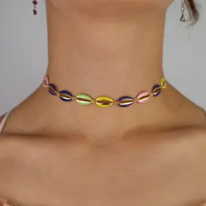 Gold filled neon enamel rainbow colored sea shell choker necklace