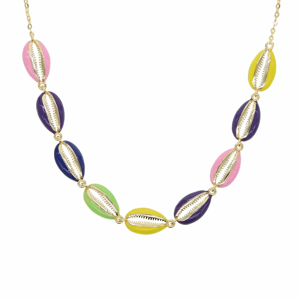 Gold filled neon enamel rainbow colored sea shell choker necklace
