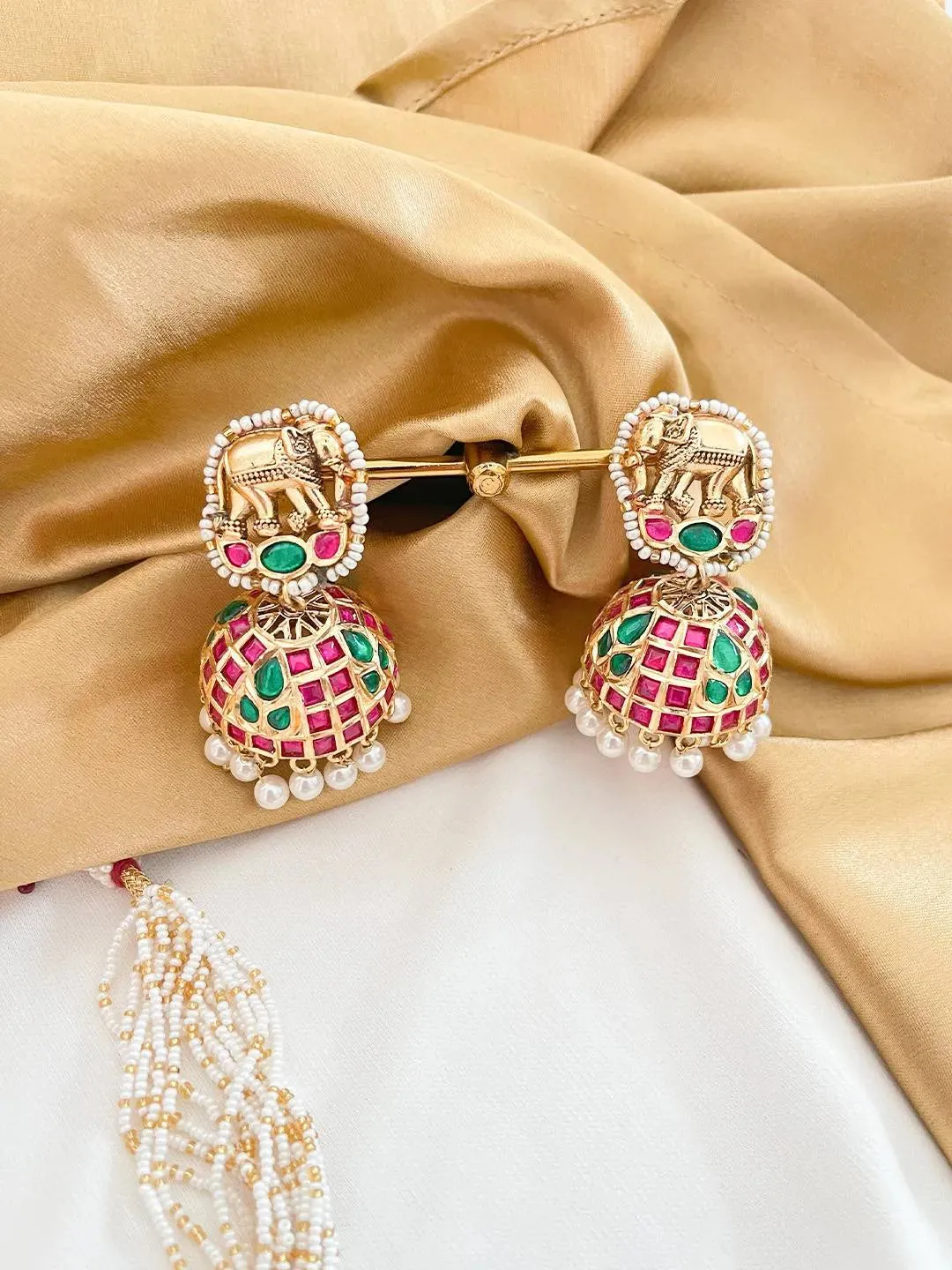 Gold Finish Ruby And Emerald Temple Jew Choker Necklace Set