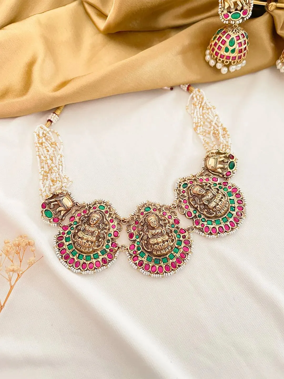 Gold Finish Ruby And Emerald Temple Jew Choker Necklace Set