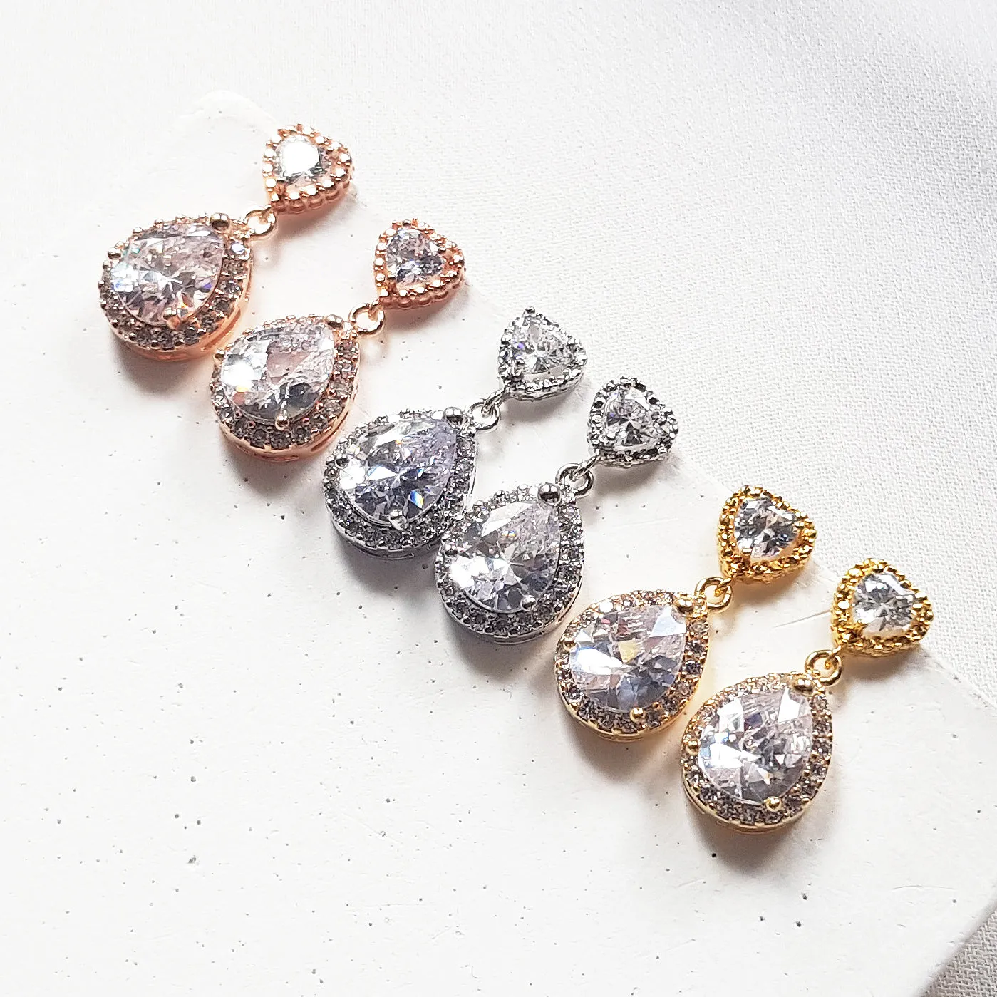 heart drop earrings silver, gold and rose gold,