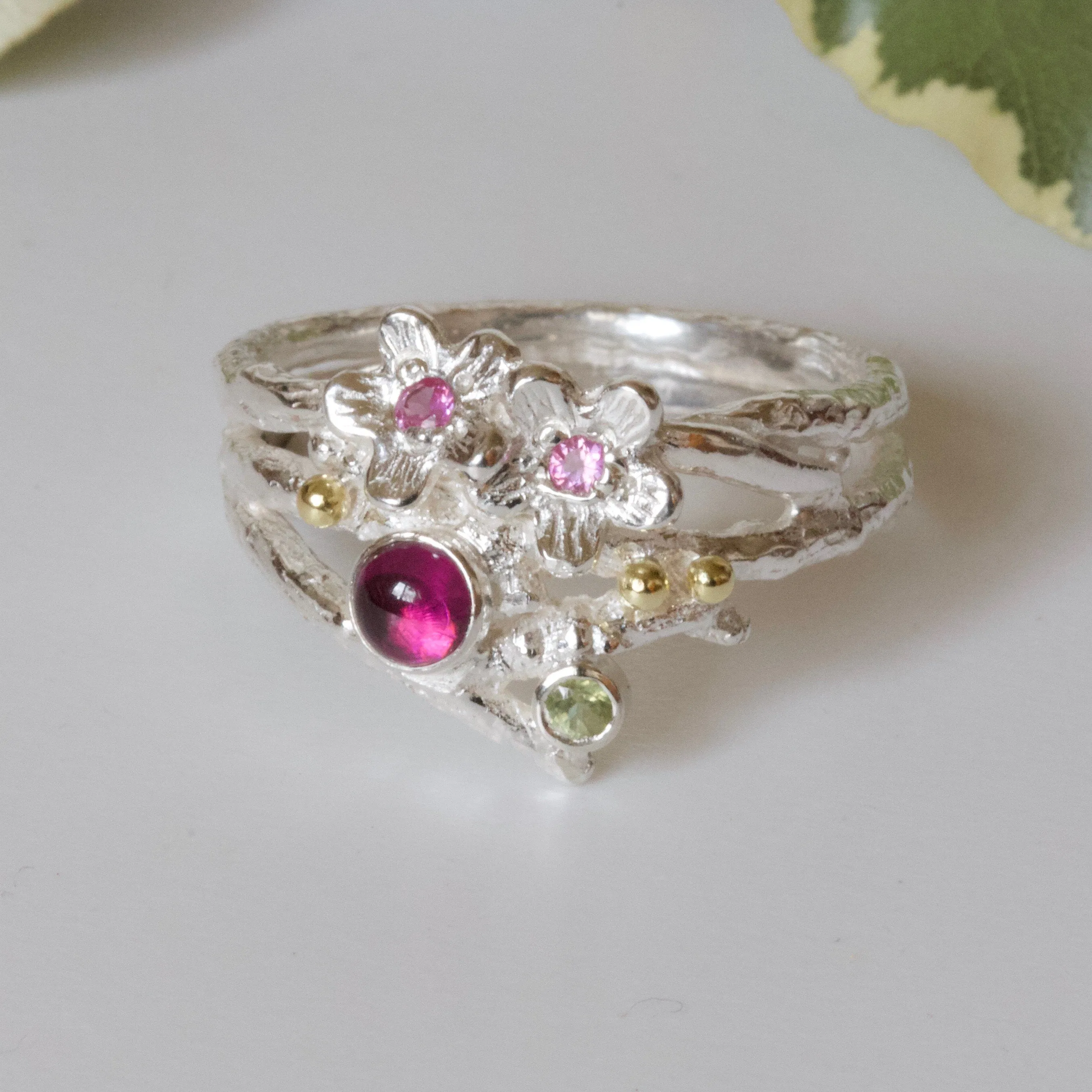 In the Pink, Enchanted Wood Twig Ring-Gemstone Mixed Metal Ring-Pink Sapphire