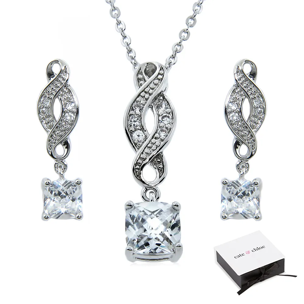 Iris "Noble" 18k White Gold CZ Infinity Necklace and Earrings Jewelry Set
