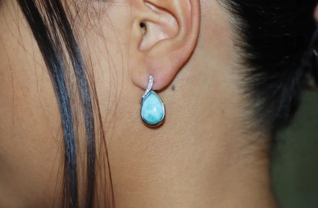 Larimar Earrings 10X14mm Pear Shape with White Sapphire Accents
