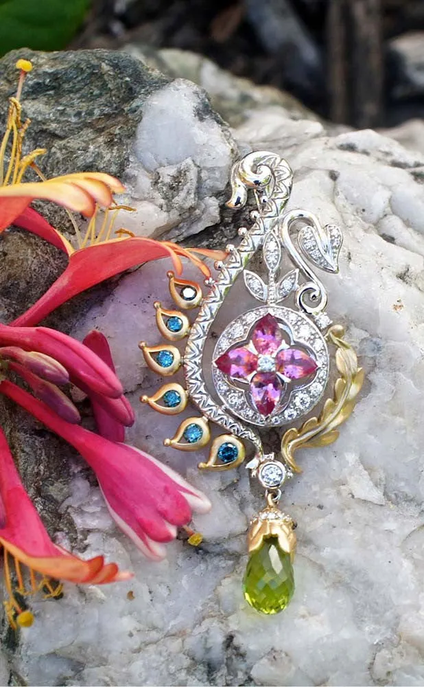 Limited Edition Maharani’s Tear of Joy Pendant  – Diamond, Blue Diamond, Pink Tourmaline & Peridot