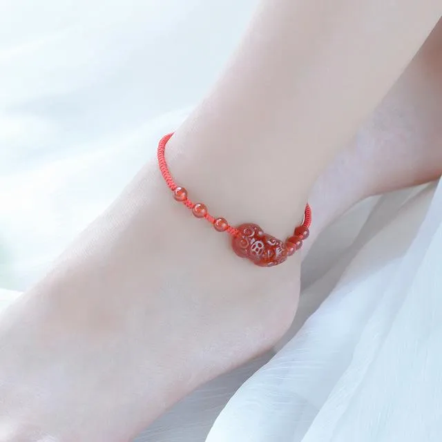 Natural Red Garnet Pixiu Wealth Anklet Bracelet