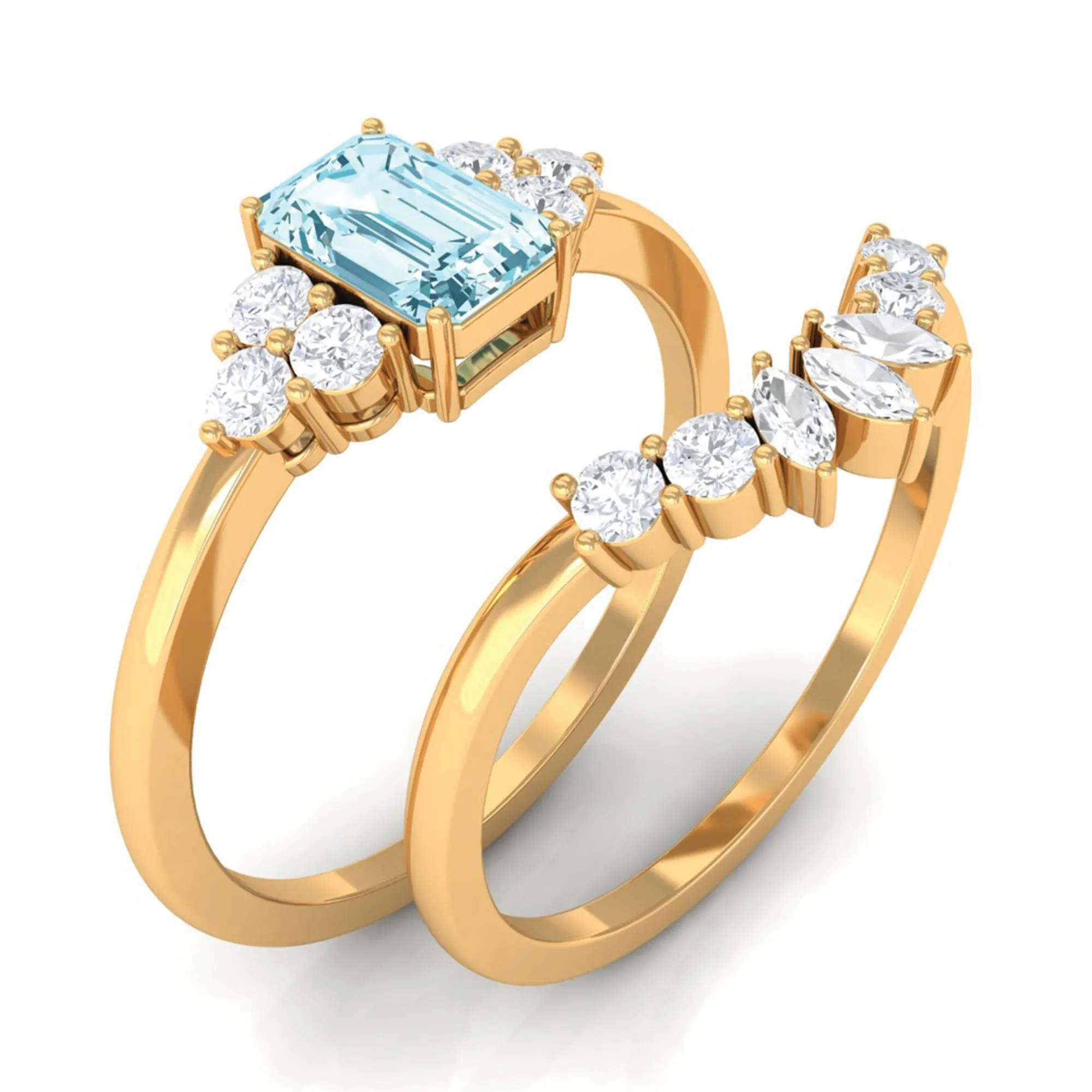 Octagon Aquamarine Solitaire Stackable Ring Set with Diamond