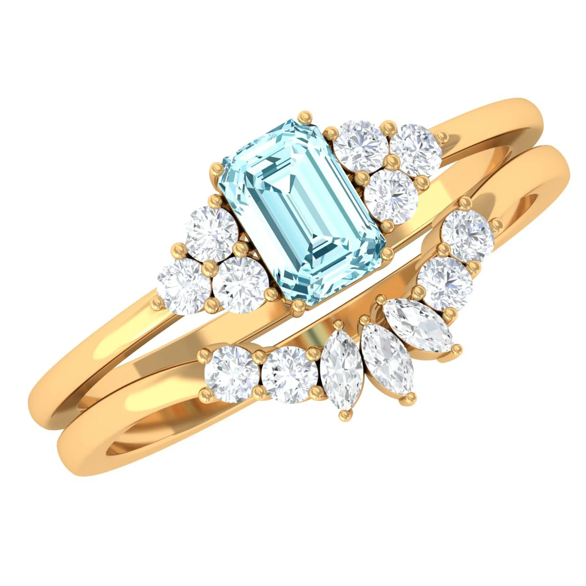 Octagon Aquamarine Solitaire Stackable Ring Set with Diamond