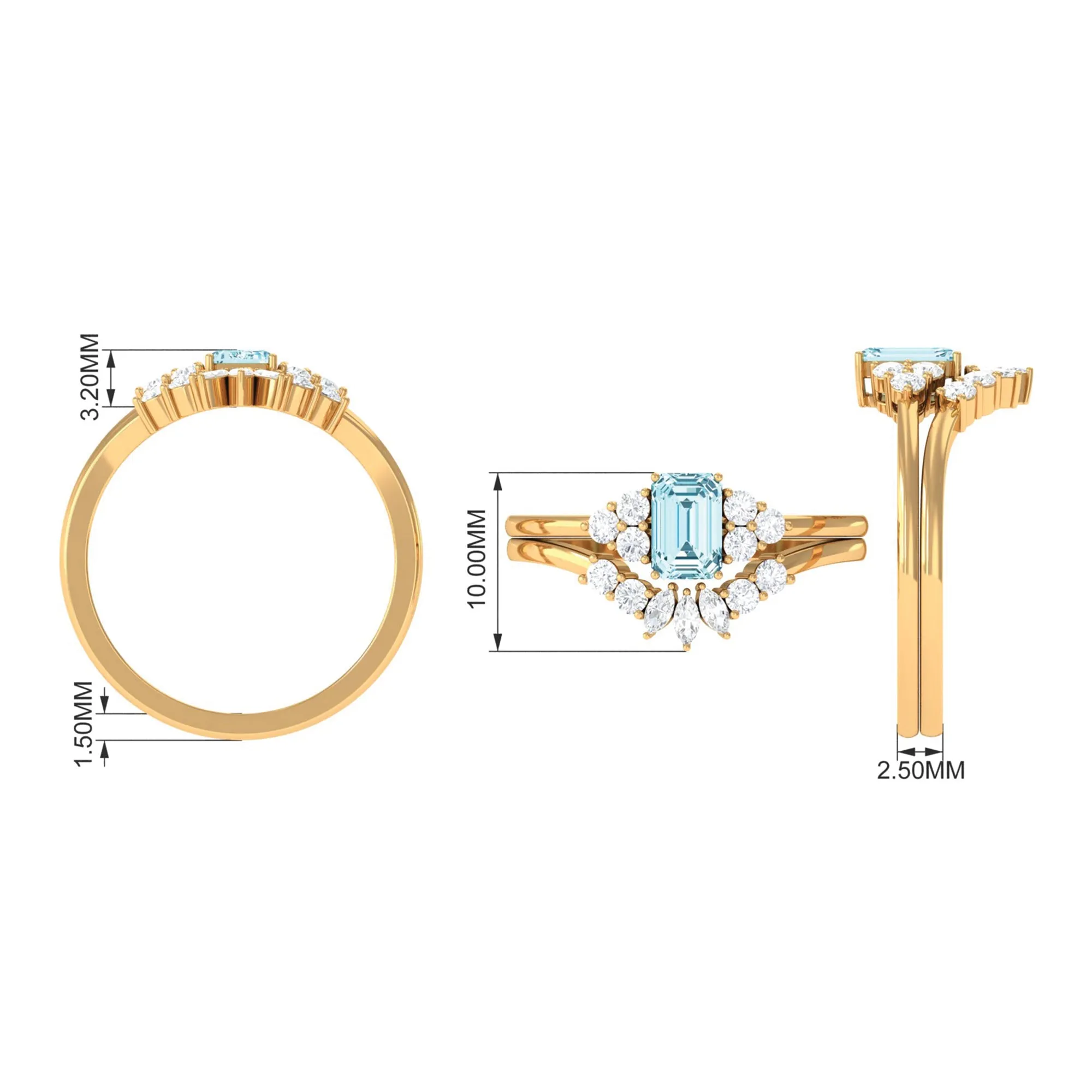 Octagon Aquamarine Solitaire Stackable Ring Set with Diamond